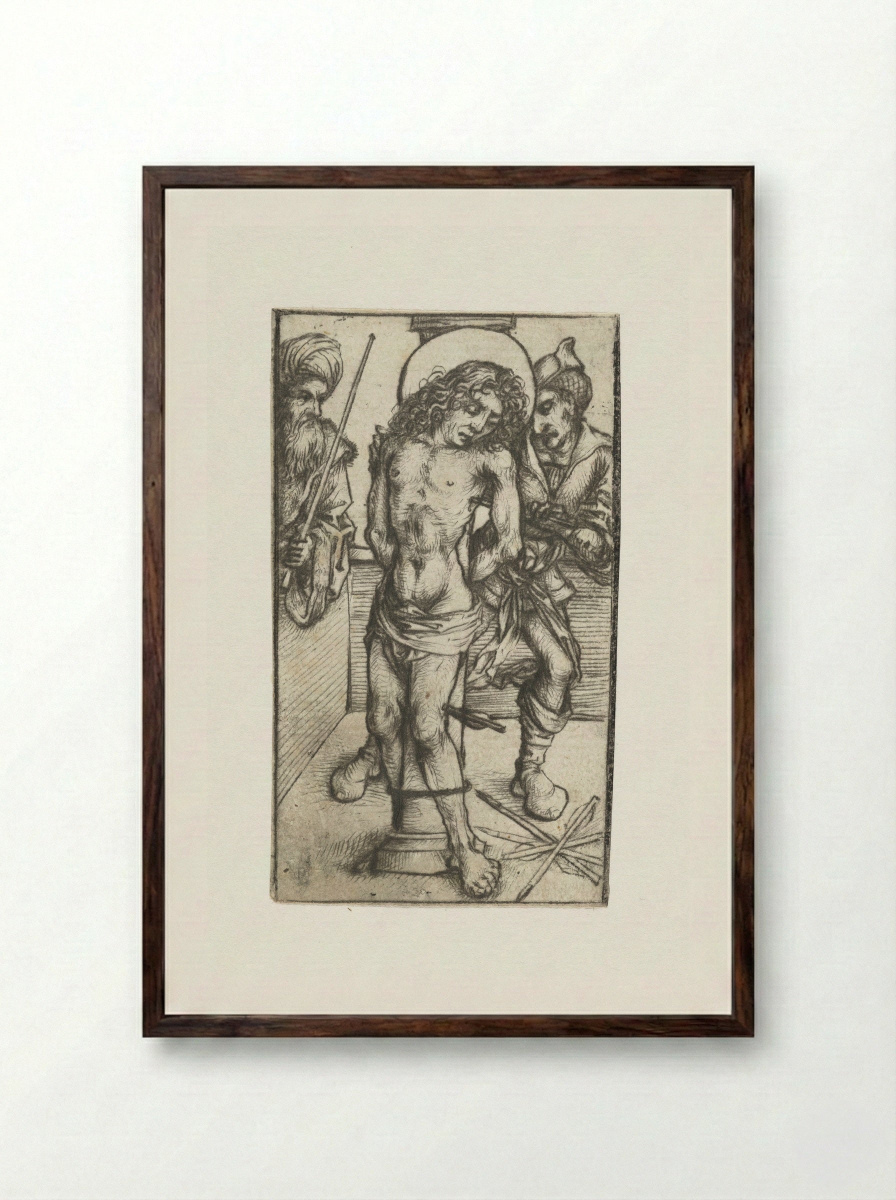 Saint Sebastian at the Whipping Post - Master of the Amsterdam Cabinet - Framed Print Dark Wood