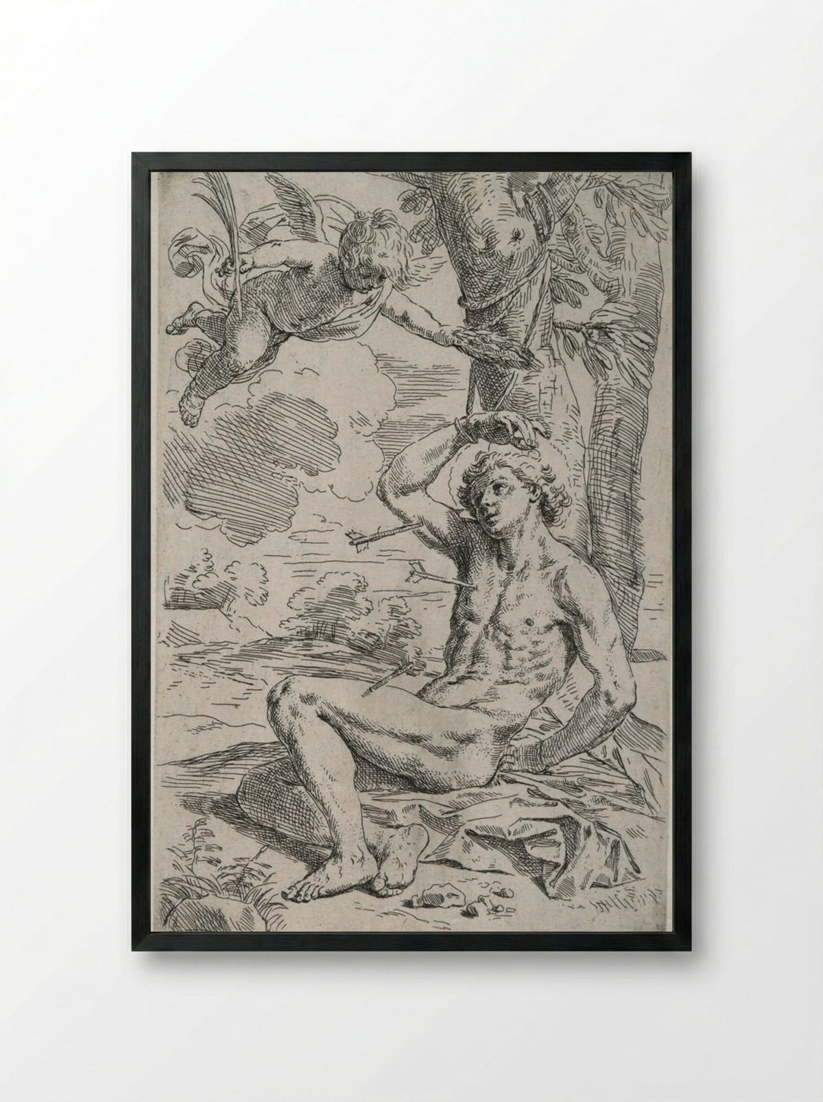 Saint Sebastian, pierced by arrows and tied to a tree, greeted by a cherub - Simone Cantarini - Framed Print Black