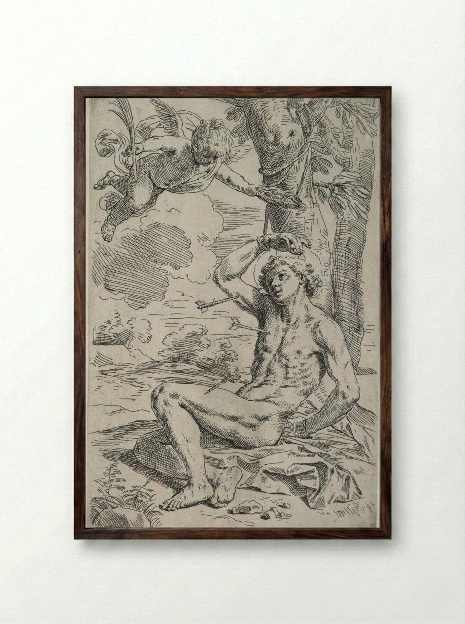 Saint Sebastian, pierced by arrows and tied to a tree, greeted by a cherub - Simone Cantarini - Framed Print Dark Wood