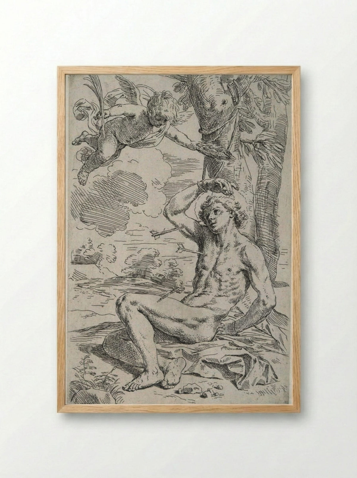 Saint Sebastian, pierced by arrows and tied to a tree, greeted by a cherub - Simone Cantarini - Framed Print Wood