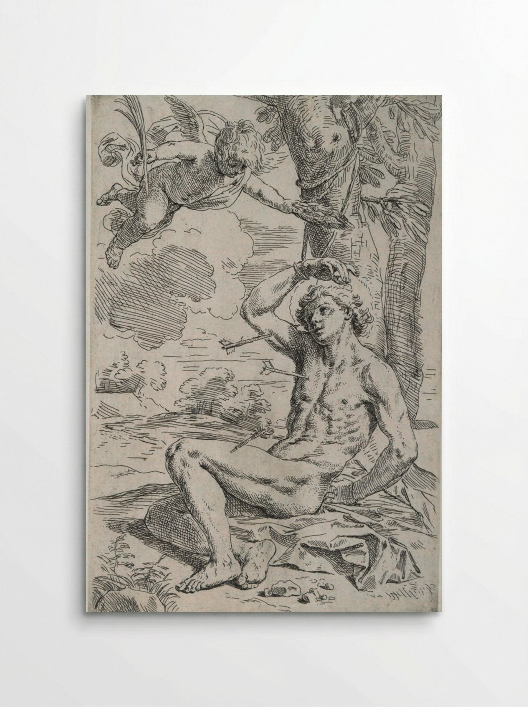 Saint Sebastian, pierced by arrows and tied to a tree, greeted by a cherub - Simone Cantarini - Poster