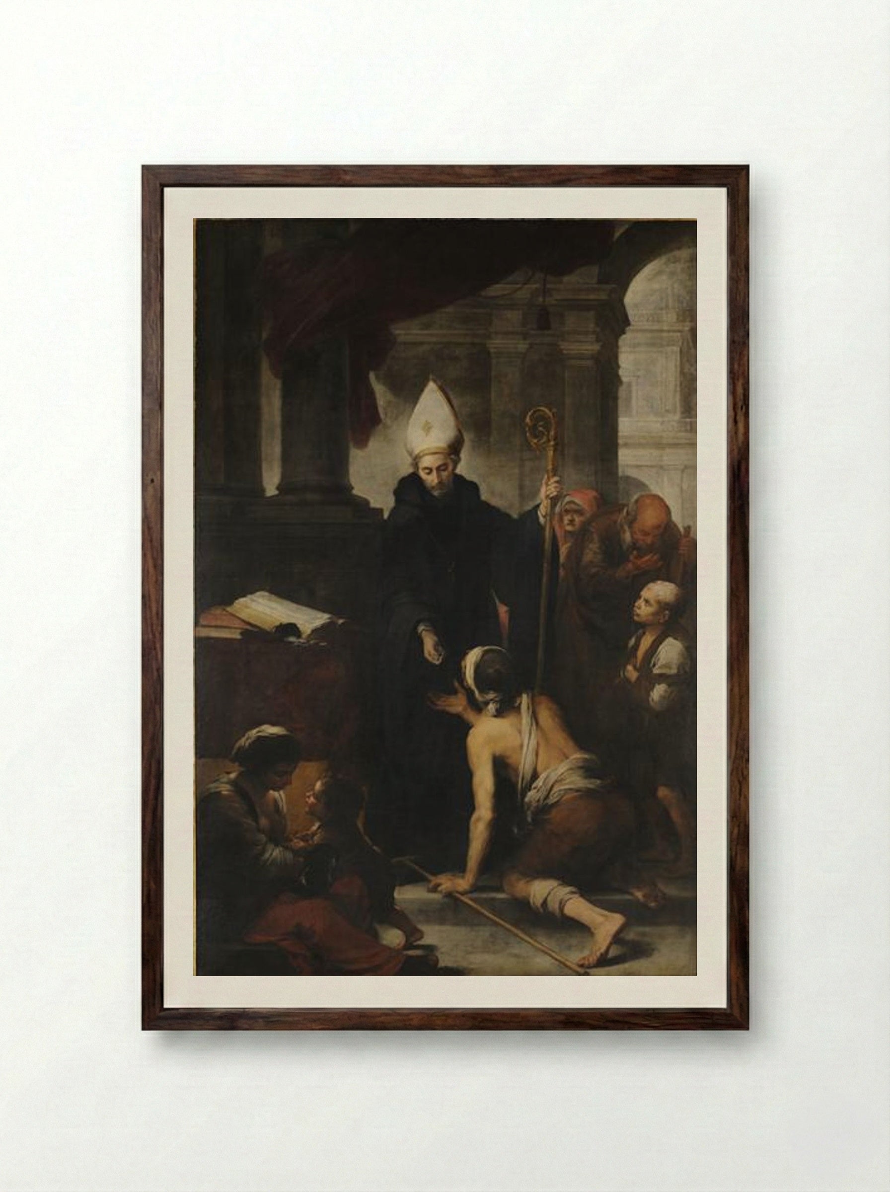 Saint Thomas of Villanova Giving Alms - Bartolomé Esteban Murillo - Framed Print Dark Wood
