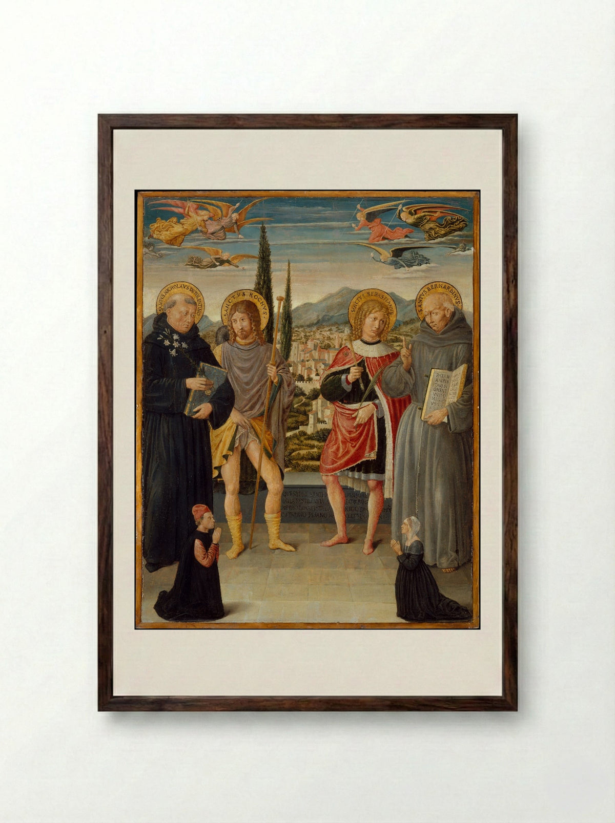 Saints Nicholas of Tolentino, Roch, Sebastian, and Bernardino of Siena, with Kneeling Donors - Benozzo Gozzoli - Framed Print Dark Wood