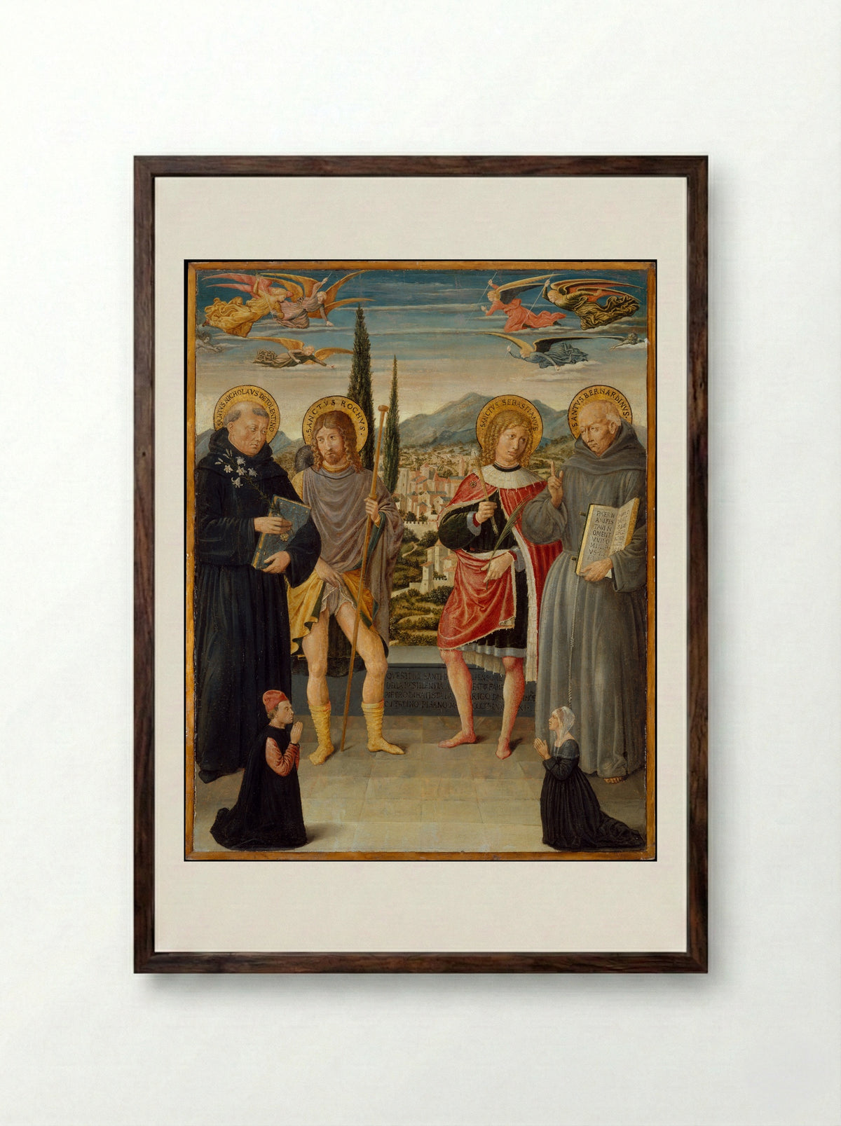 Saints Nicholas of Tolentino, Roch, Sebastian, and Bernardino of Siena, with Kneeling Donors - Benozzo Gozzoli - Framed Print Dark Wood