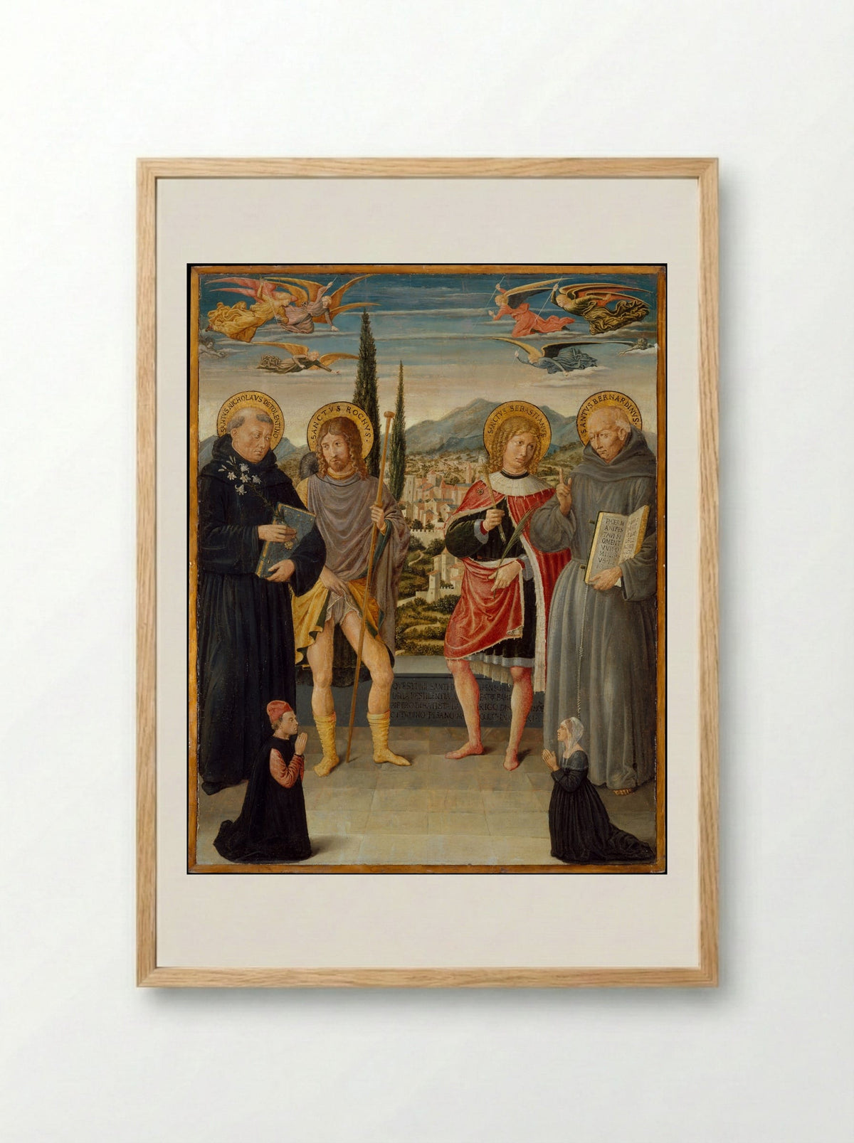 Saints Nicholas of Tolentino, Roch, Sebastian, and Bernardino of Siena, with Kneeling Donors - Benozzo Gozzoli - Framed Print Wood