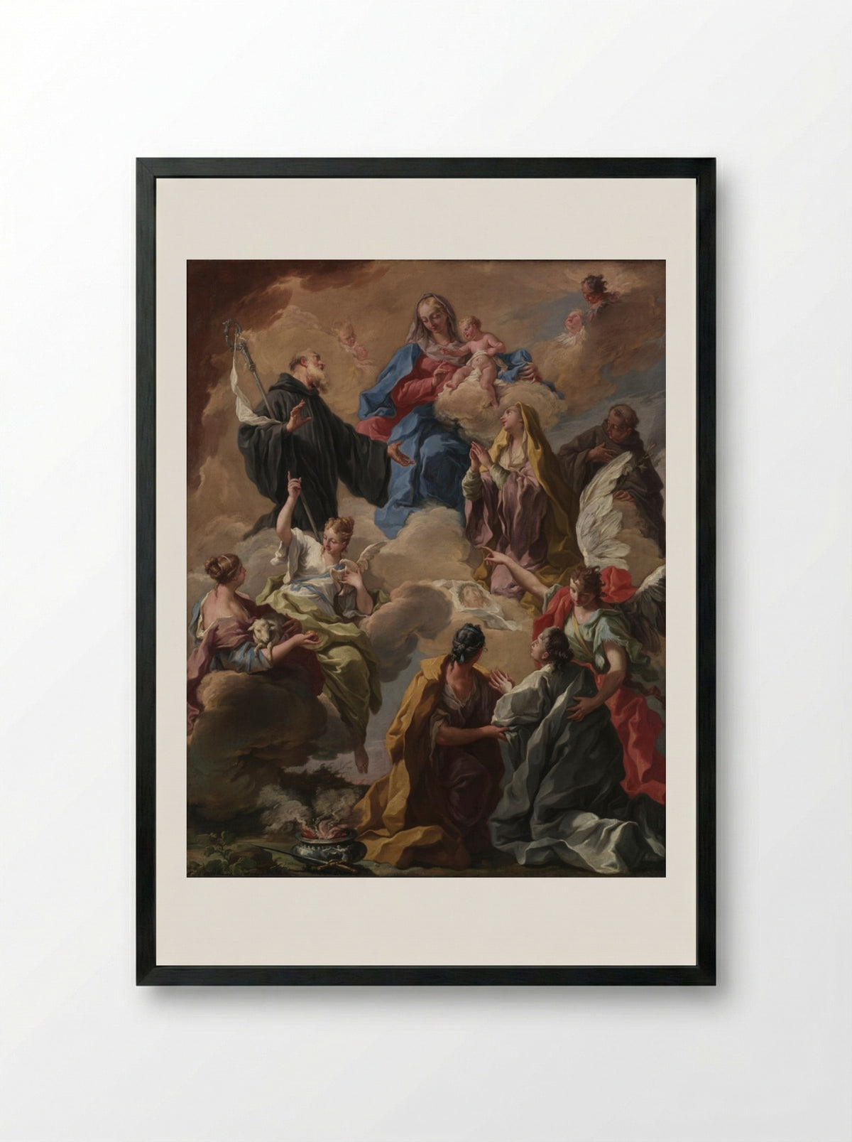 Saints Presenting a Devout Woman to the Virgin and Child - Giovanni Battista Pittoni - Framed Print Black