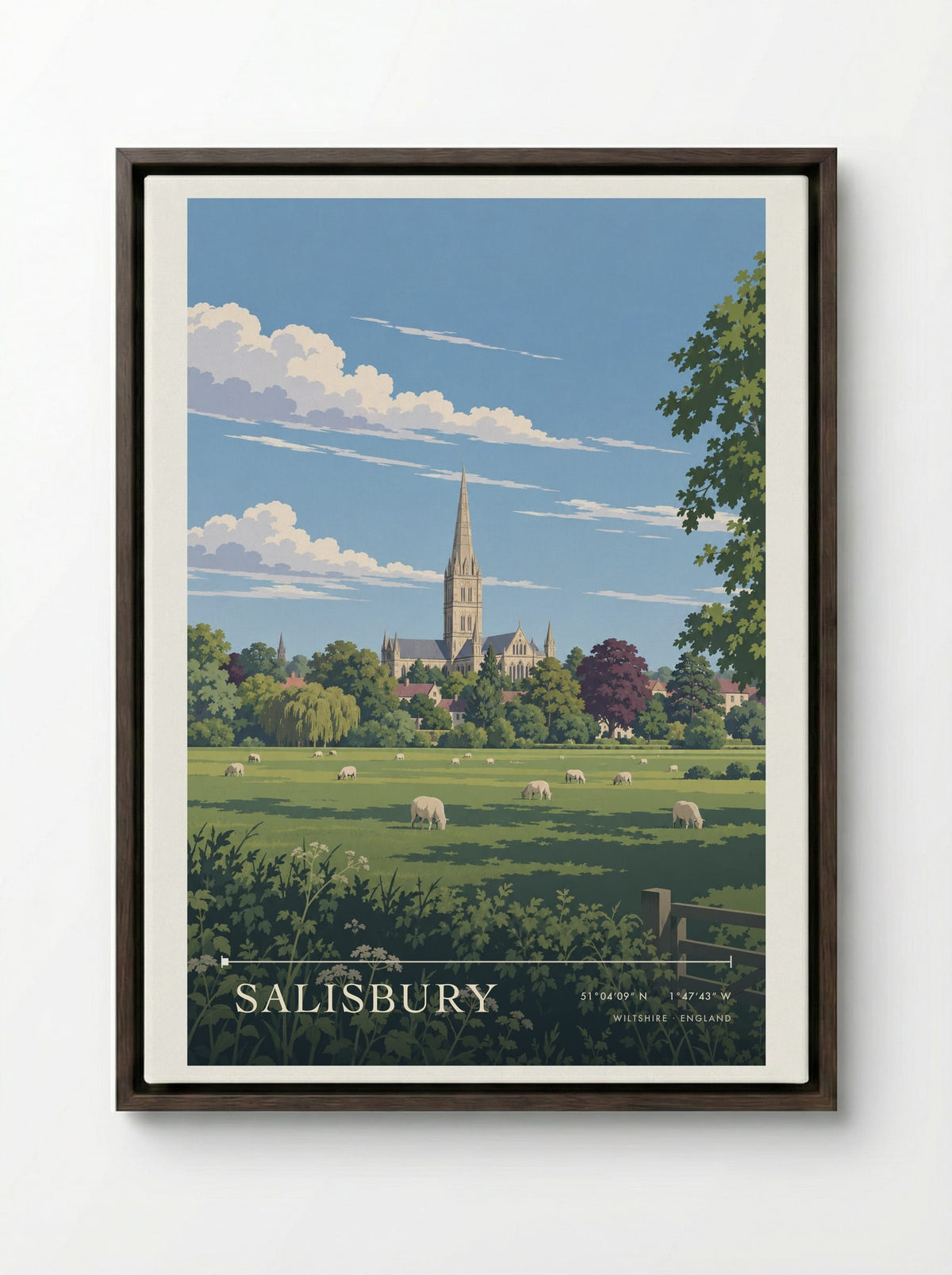 Salisbury, Wiltshire | Travel Poster - Framed Canvas Dark Wood