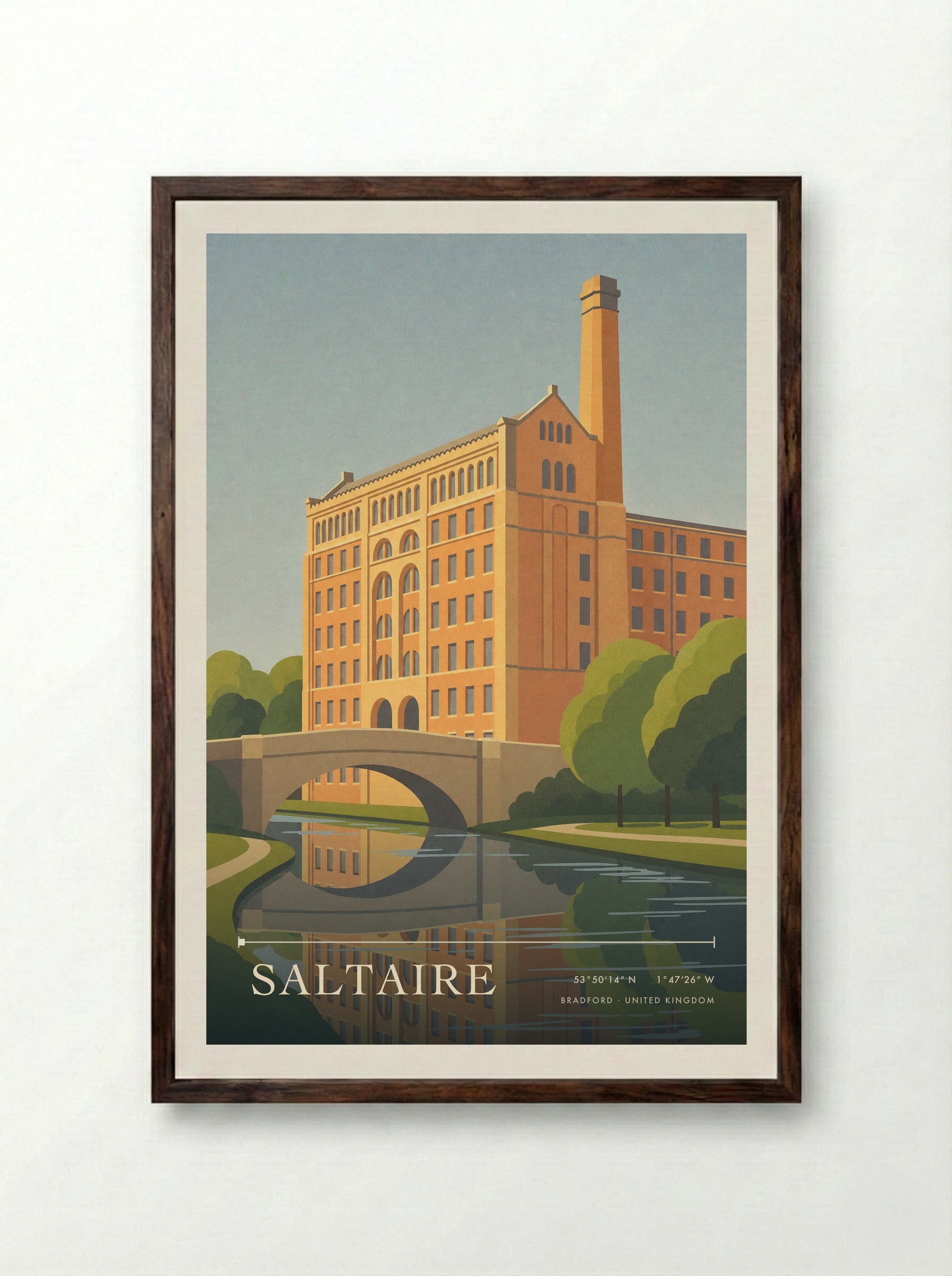 Saltaire Bradford United Kingdom Travel Poster - Framed Print Dark Wood