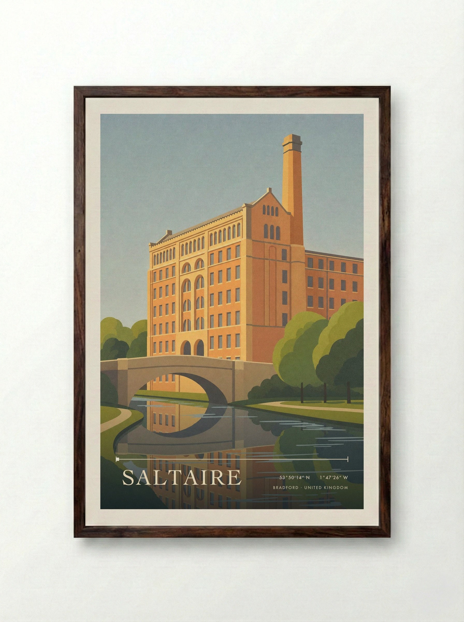 Saltaire Bradford United Kingdom Travel Poster - Framed Print Dark Wood