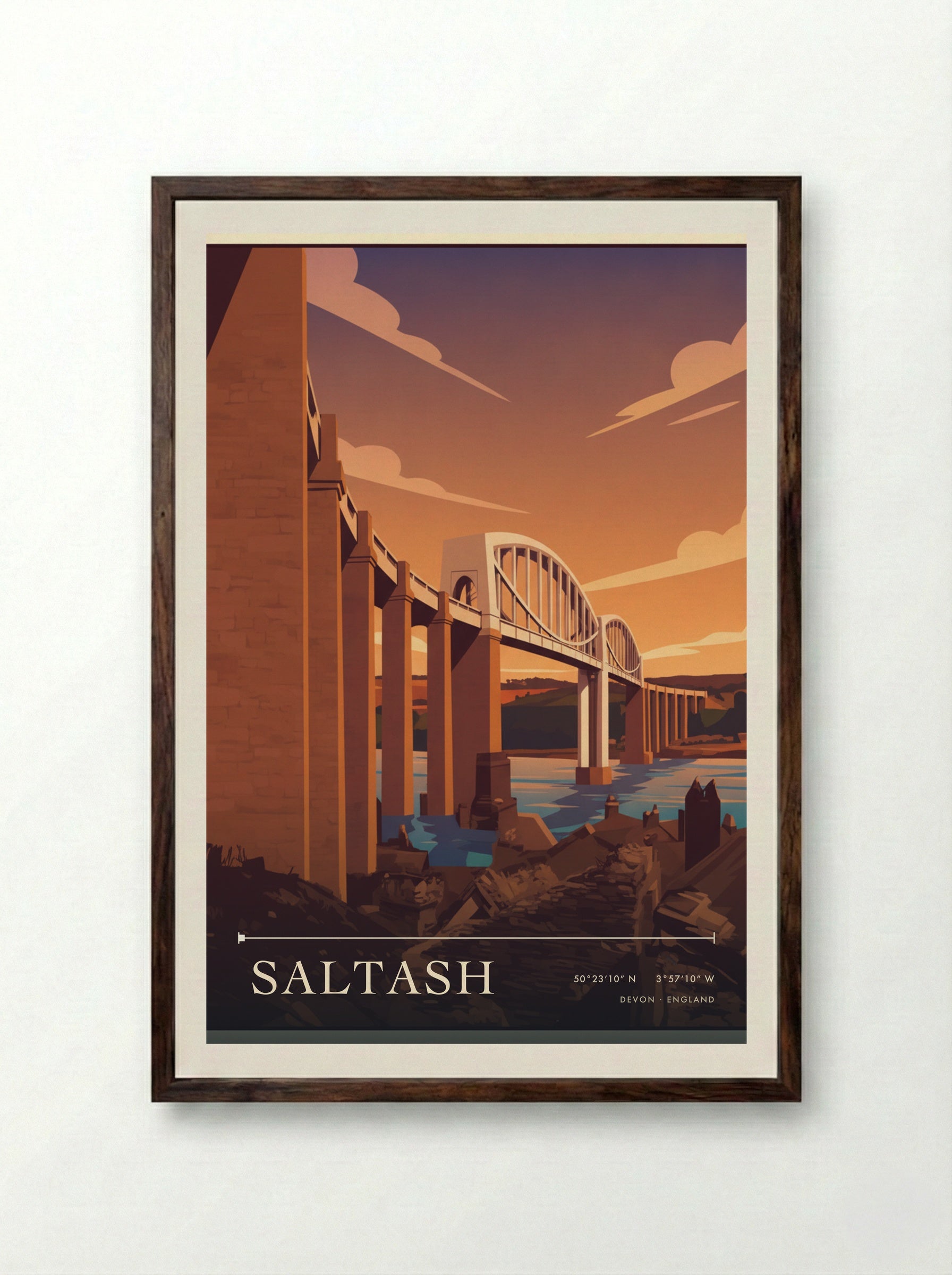 Saltash Devon England Travel Poster - Framed Print Dark Wood