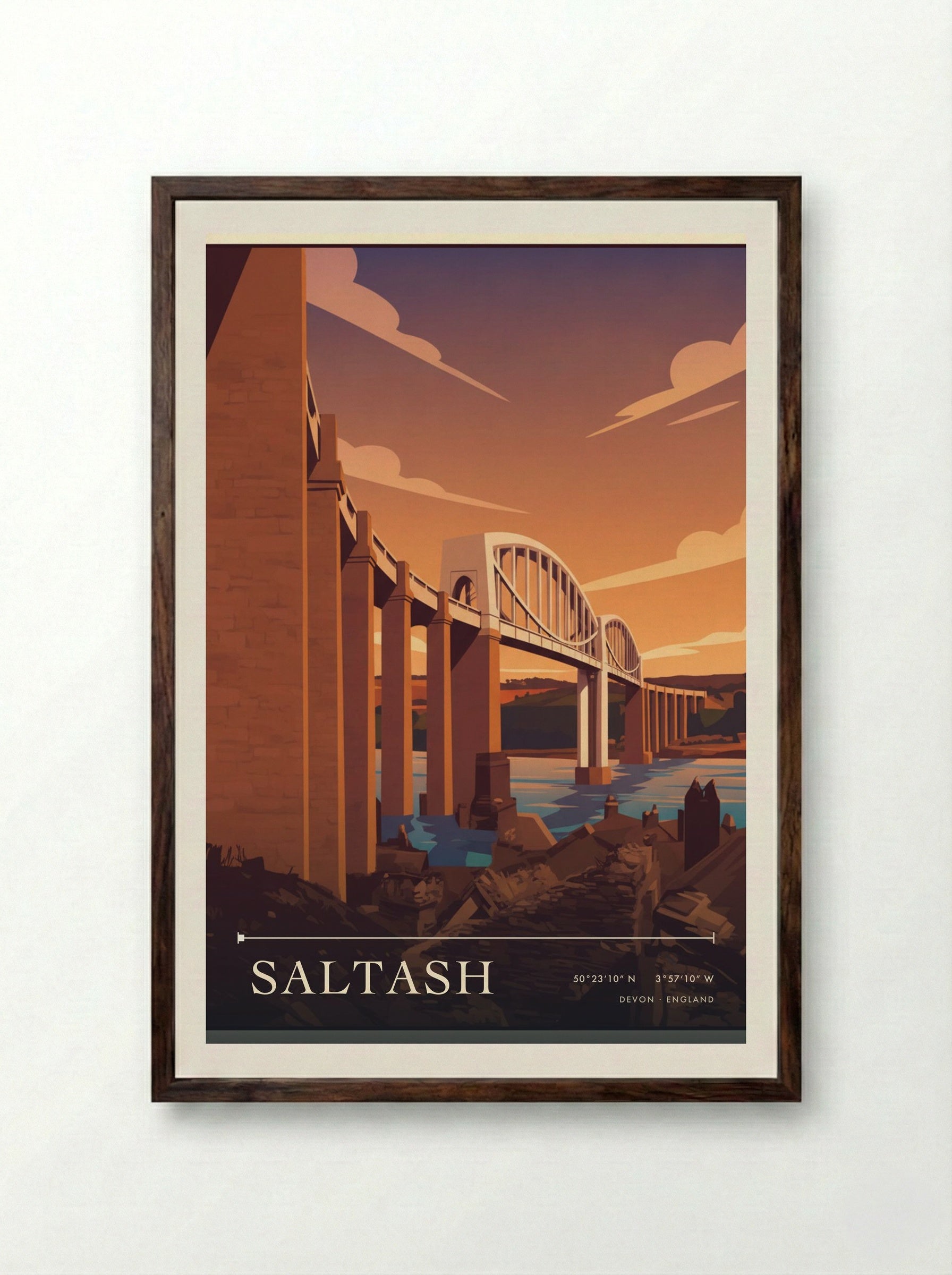 Saltash Devon England Travel Poster - Framed Print Dark Wood