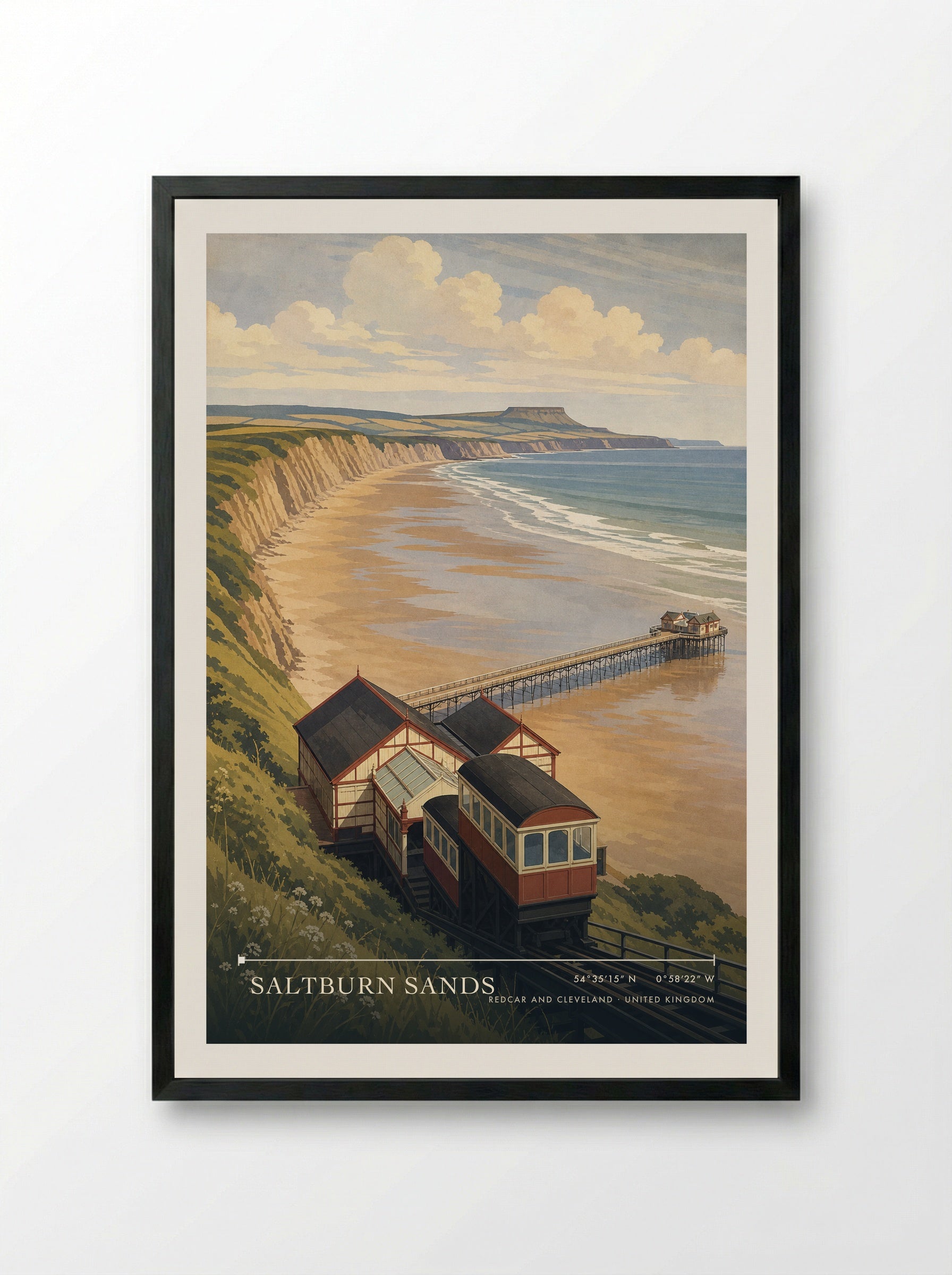 Saltburn Sands Redcar and Cleveland United Kingdom Travel Poster - Framed Print Black