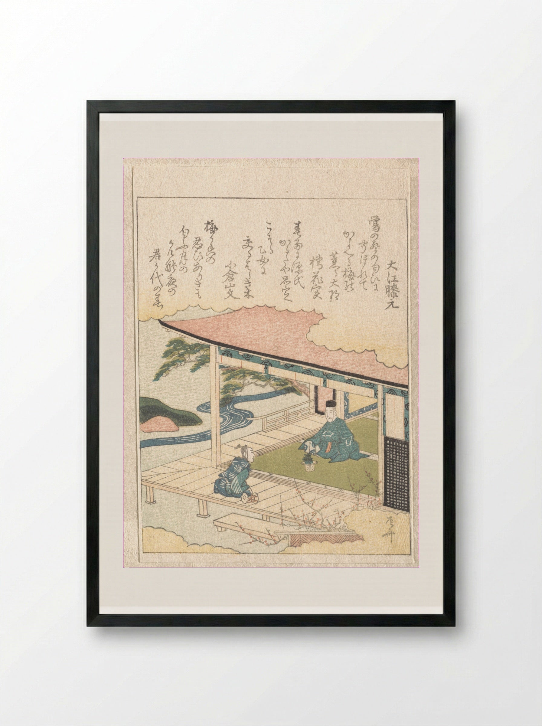 Samurai Admiring Pine-Tree and Plum Blossoms - Ryūryūkyo Shinsai - Framed Print Black
