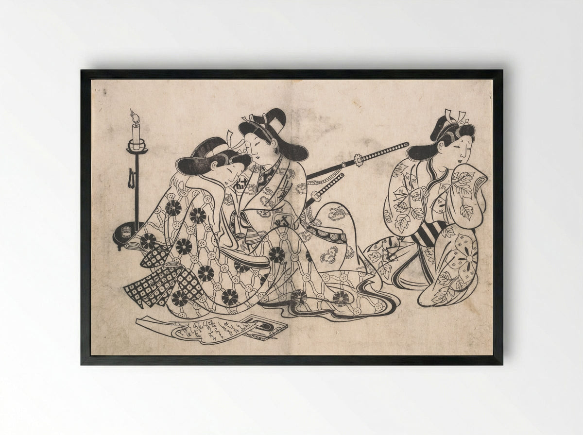 Samurai and Courtesan Seated; A Servant Beside Them - Sugimura Jihei Masataka - Framed Print Black