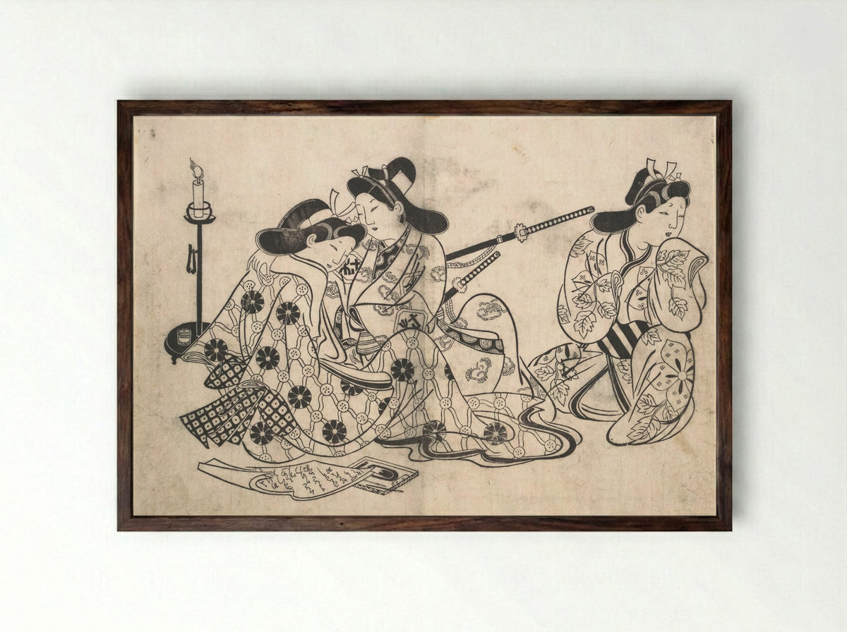 Samurai and Courtesan Seated; A Servant Beside Them - Sugimura Jihei Masataka - Framed Print Dark Wood