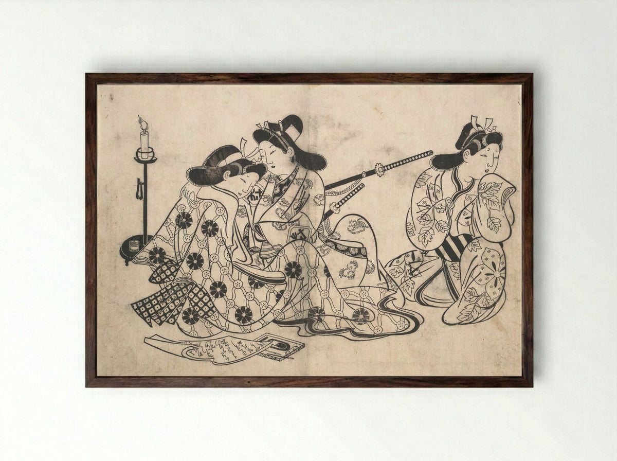 Samurai and Courtesan Seated; A Servant Beside Them - Sugimura Jihei Masataka - Framed Print Dark Wood