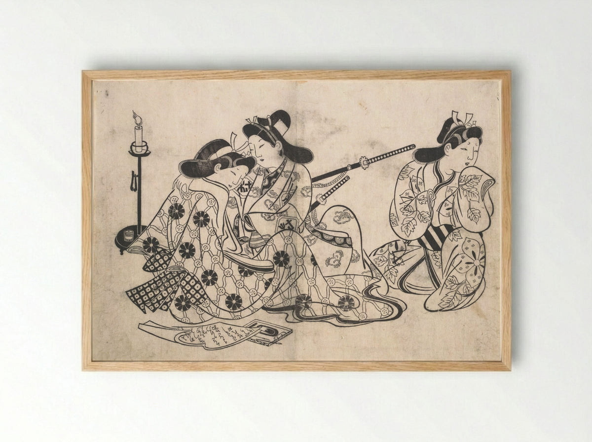 Samurai and Courtesan Seated; A Servant Beside Them - Sugimura Jihei Masataka - Framed Print Wood
