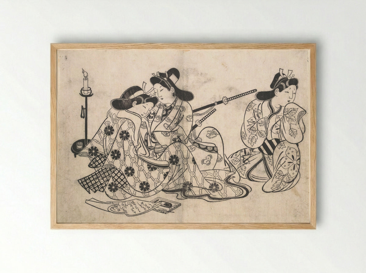 Samurai and Courtesan Seated; A Servant Beside Them - Sugimura Jihei Masataka - Framed Print Wood