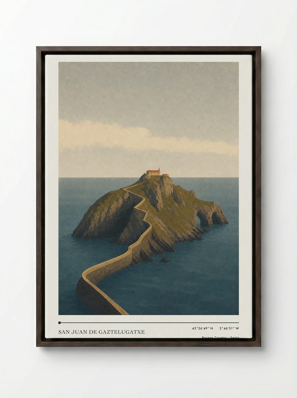 San Juan de Gaztelugatxe Travel Poster Artwork - Framed Canvas Dark Wood