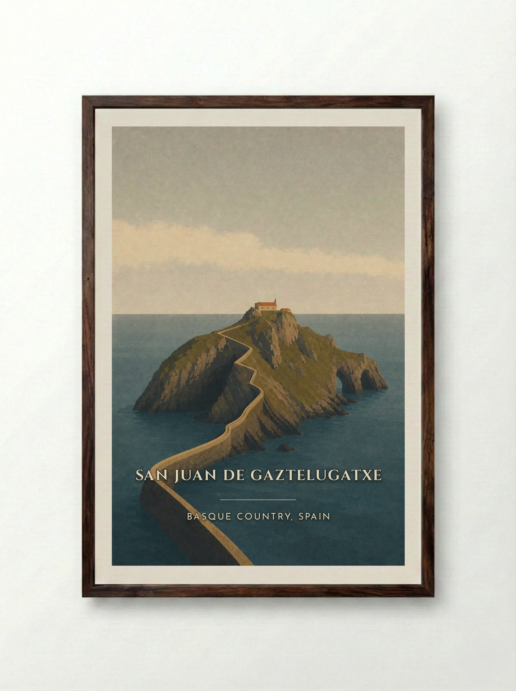 San Juan de Gaztelugatxe Travel Poster Artwork - Framed Print Dark Wood