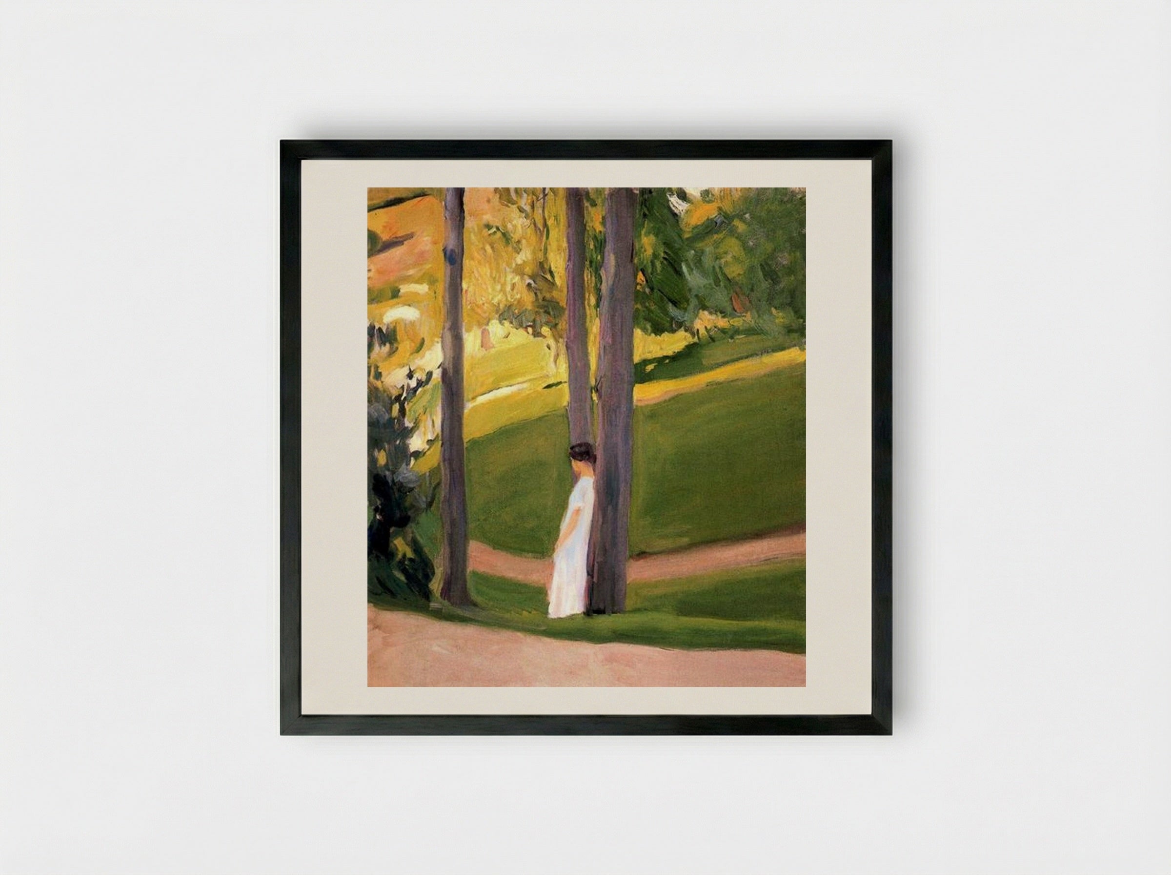 San Sebastian (Woman in White by a Tree) - Joaquín Sorolla - Framed Print Black
