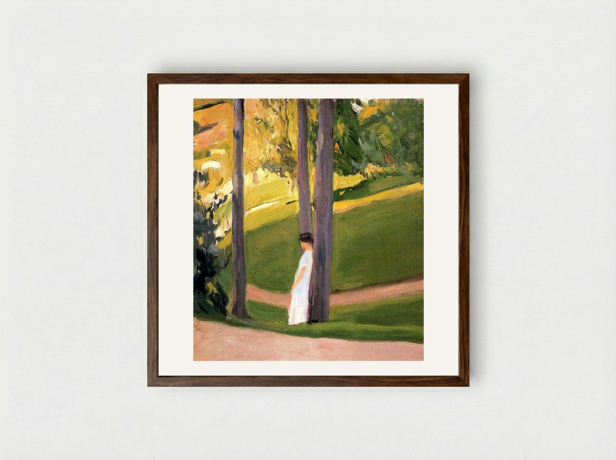 San Sebastian (Woman in White by a Tree) - Joaquín Sorolla - Framed Print Dark Wood