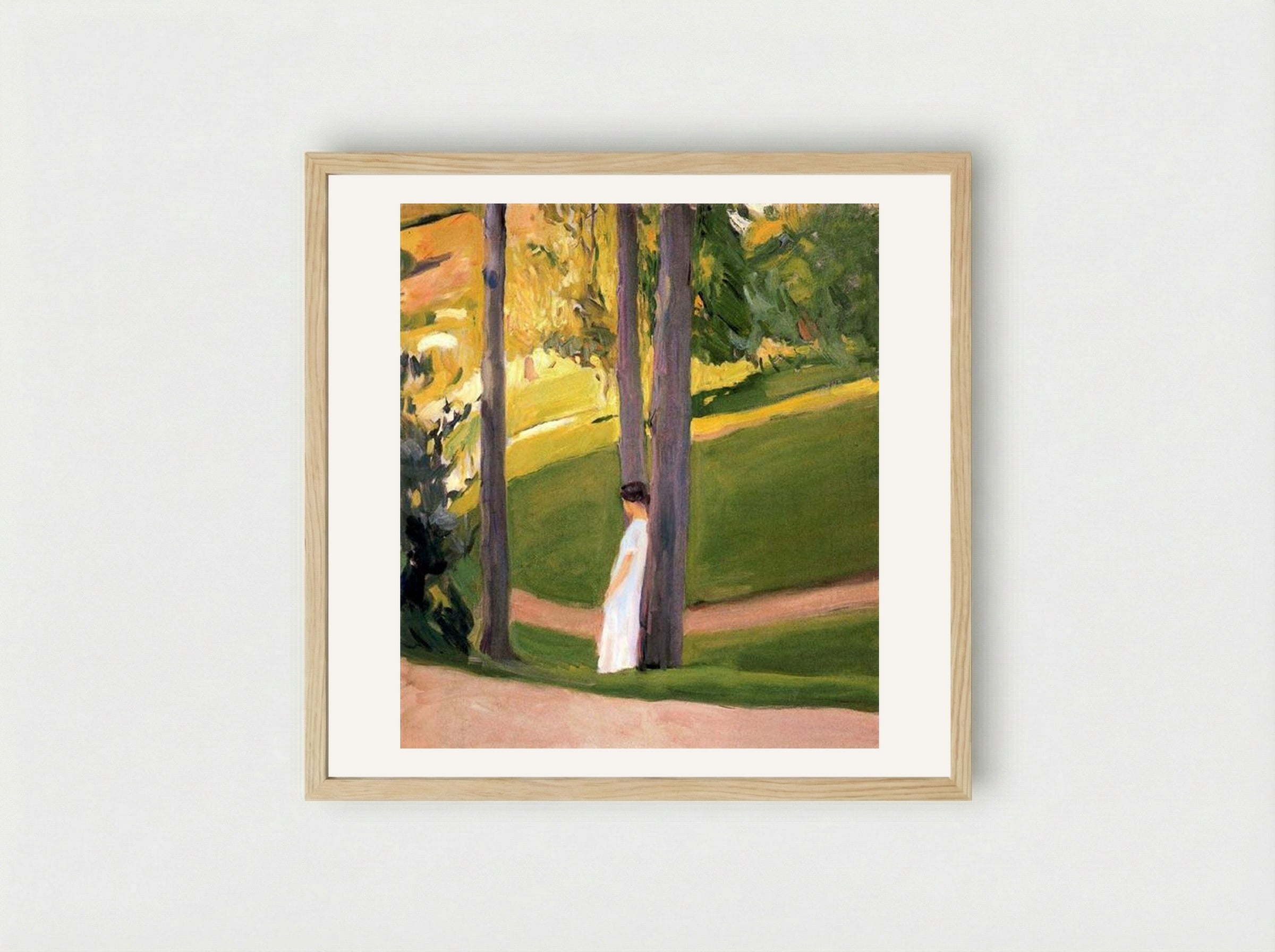 San Sebastian (Woman in White by a Tree) - Joaquín Sorolla - Framed Print Wood