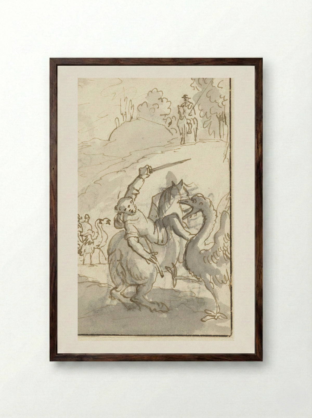 Sancho Panza Fighting an Ostrich - Caspar Luyken - Framed Print Dark Wood