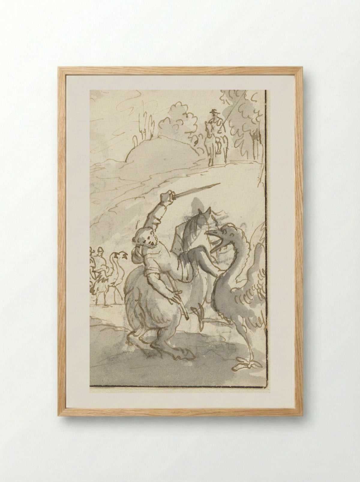 Sancho Panza Fighting an Ostrich - Caspar Luyken - Framed Print Wood