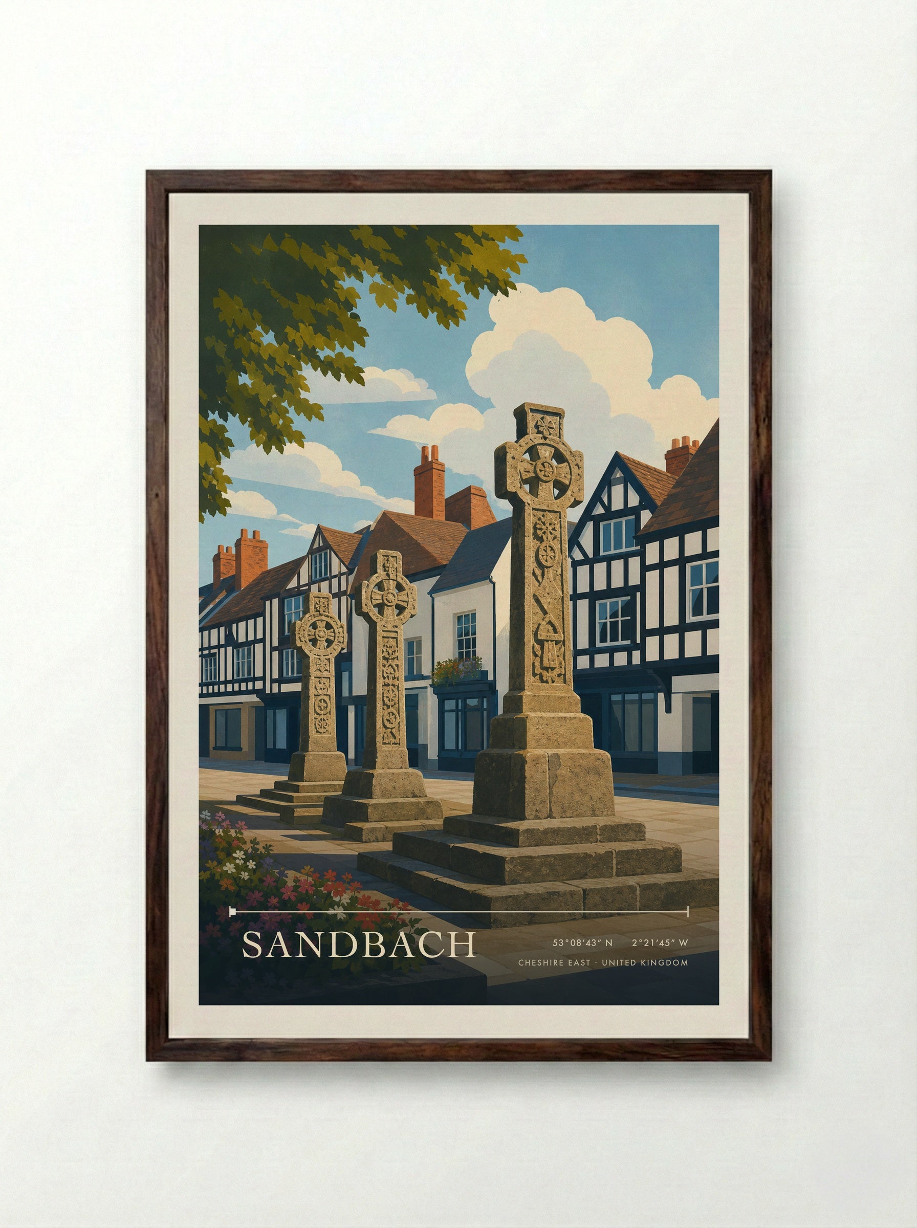 Sandbach Cheshire East United Kingdom Travel Poster - Framed Print Dark Wood