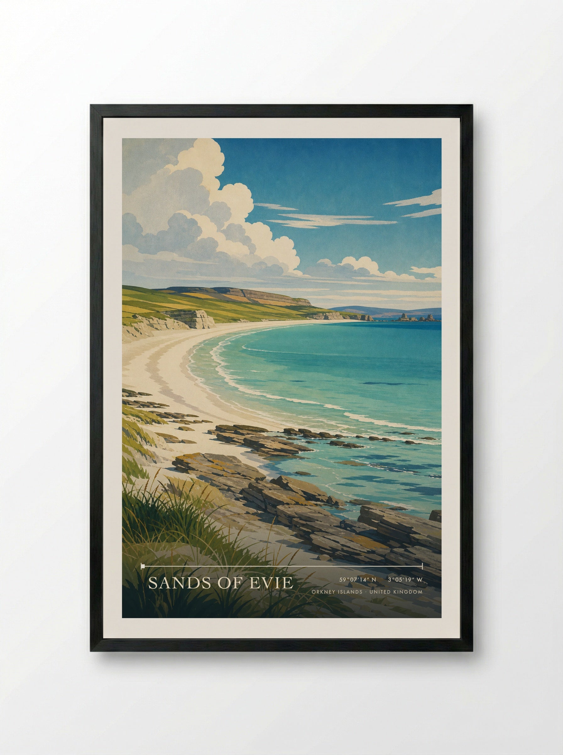Sands of Evie Orkney Islands United Kingdom Travel Poster - Framed Print Black