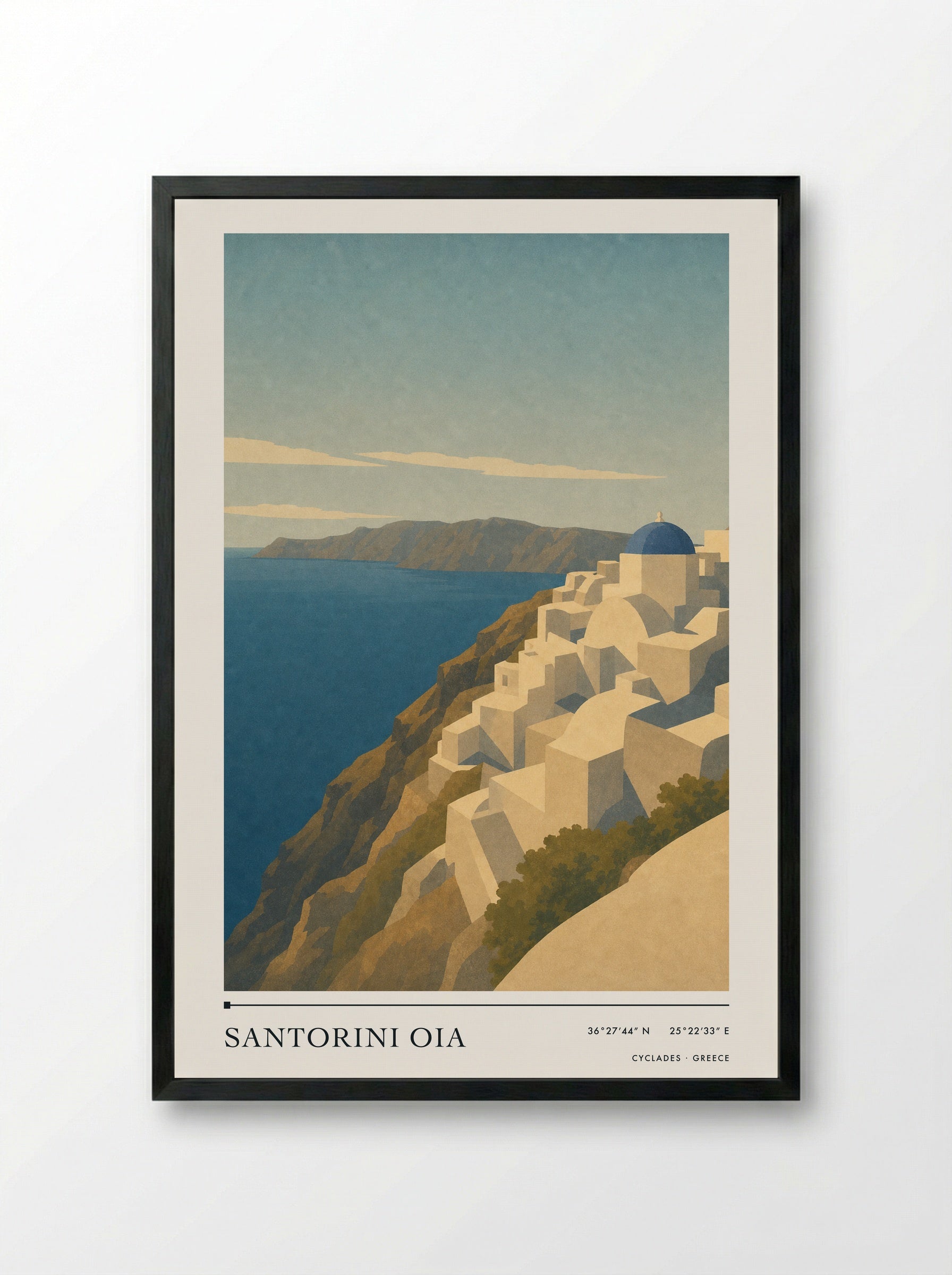 Santorini Oia Travel Poster Artwork - Framed Print Black