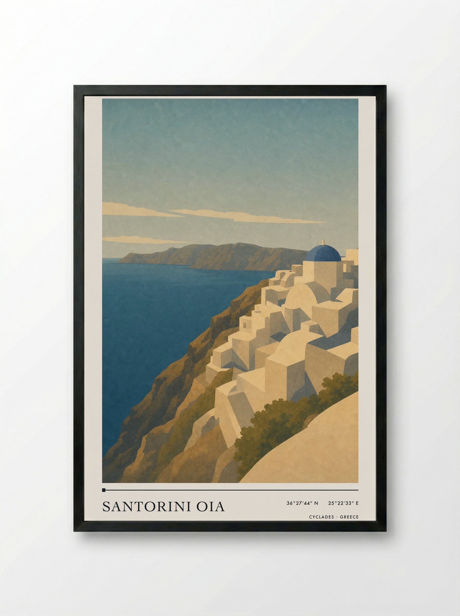 Santorini Oia Travel Poster Artwork - Framed Print Black