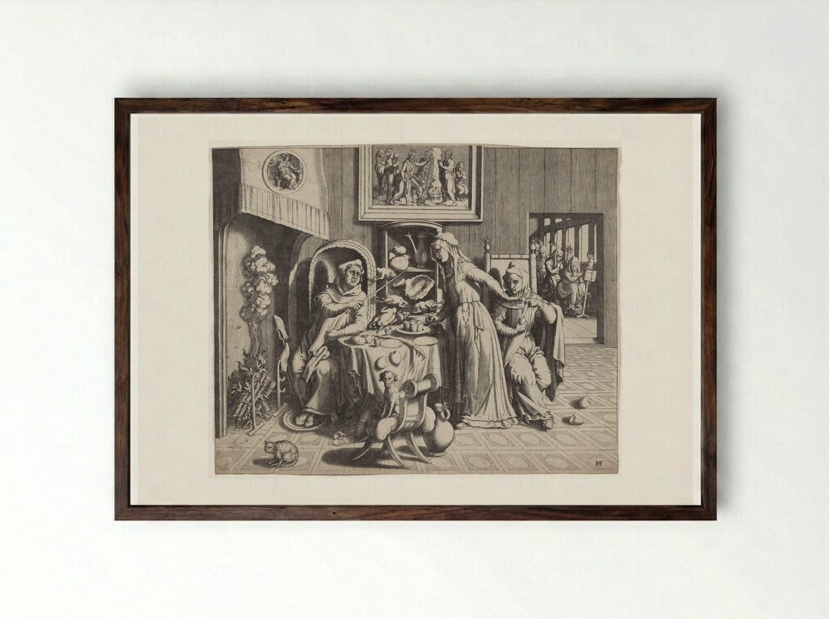 Satire on Clerical Abuse - Hans Collaert the Elder - Framed Print Dark Wood