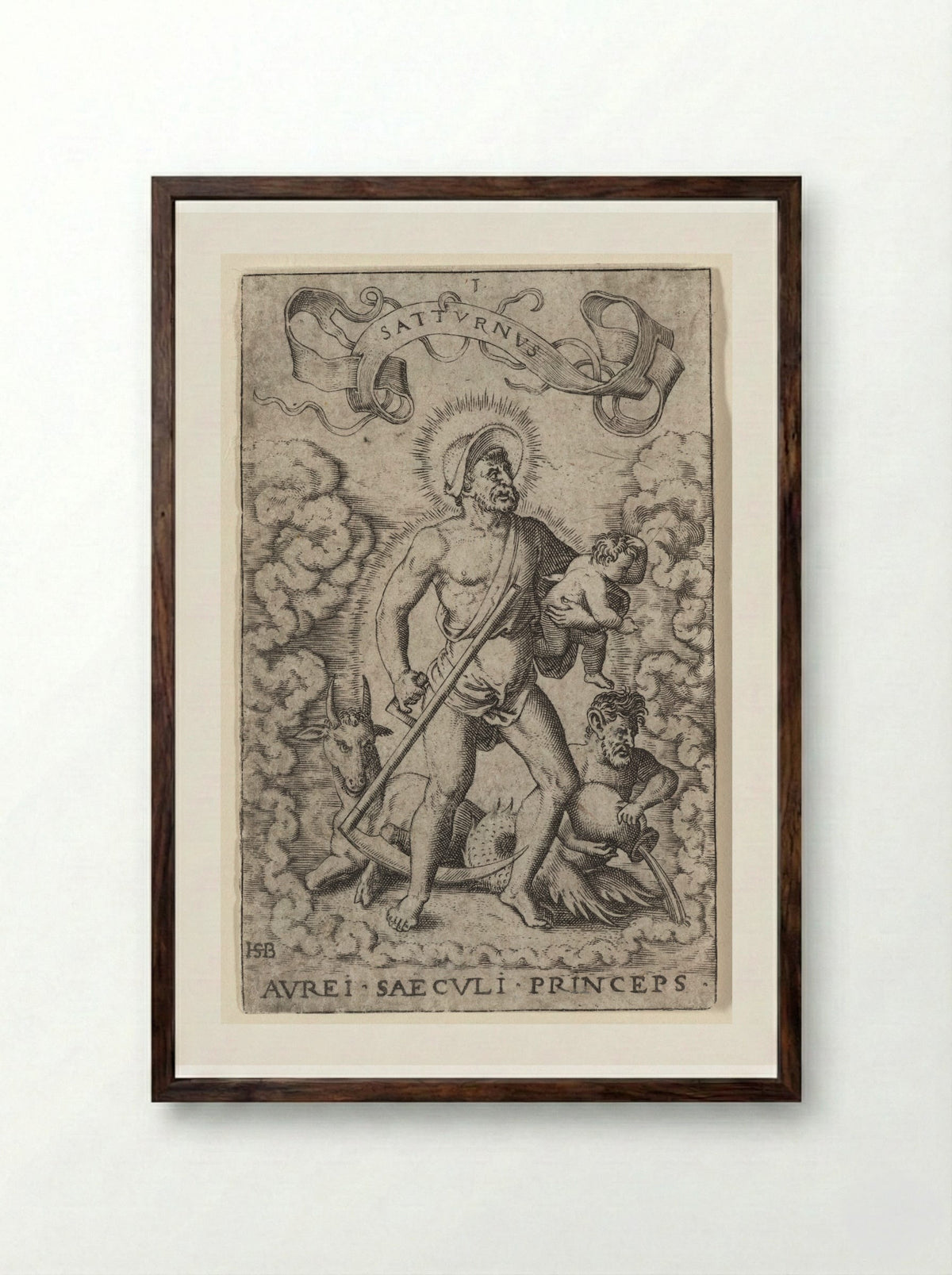 Saturn (Aurei Saeculi Princeps) - Theodor de Bry - Framed Print Dark Wood