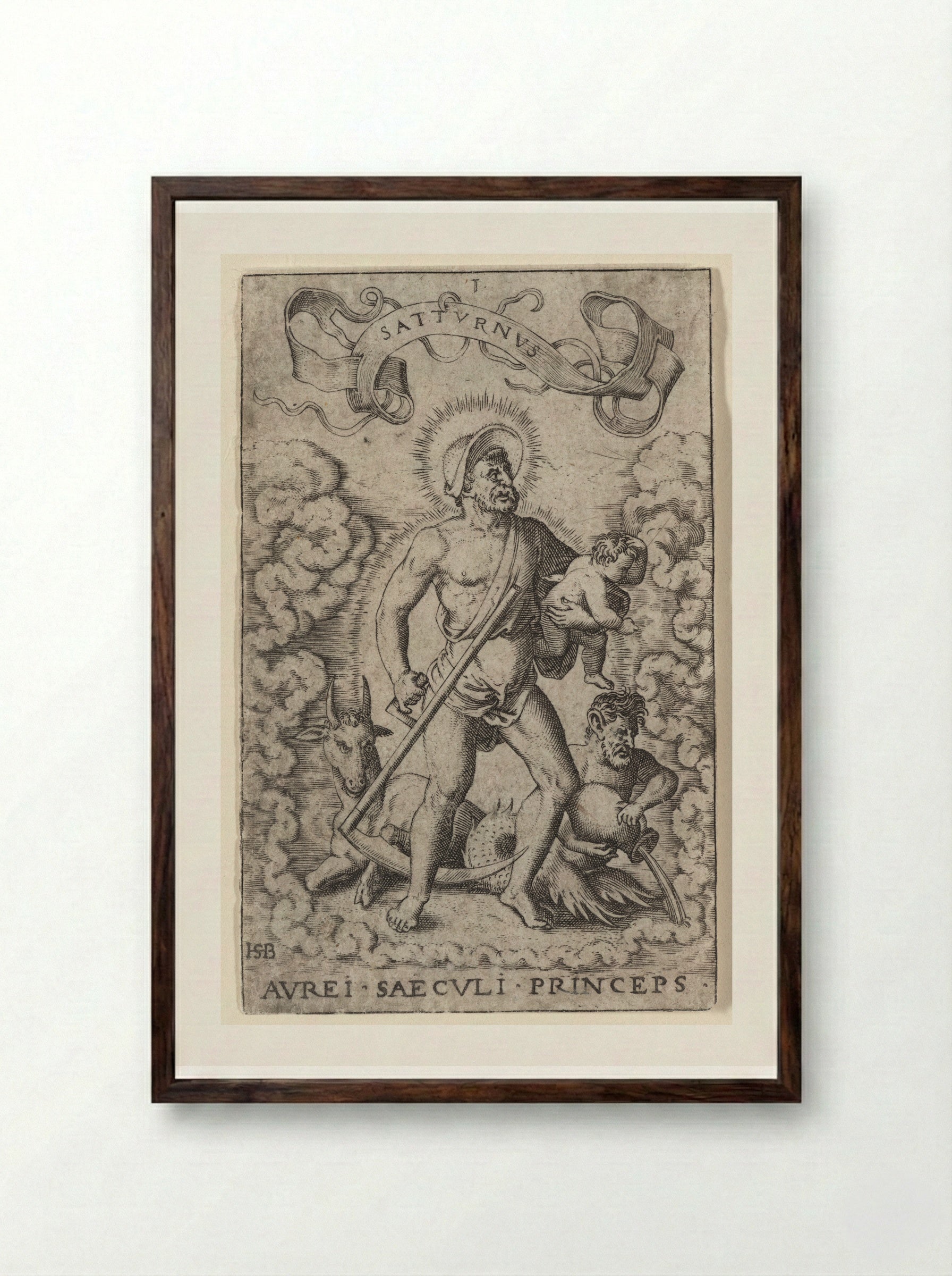 Saturn (Aurei Saeculi Princeps) - Theodor de Bry - Framed Print Dark Wood