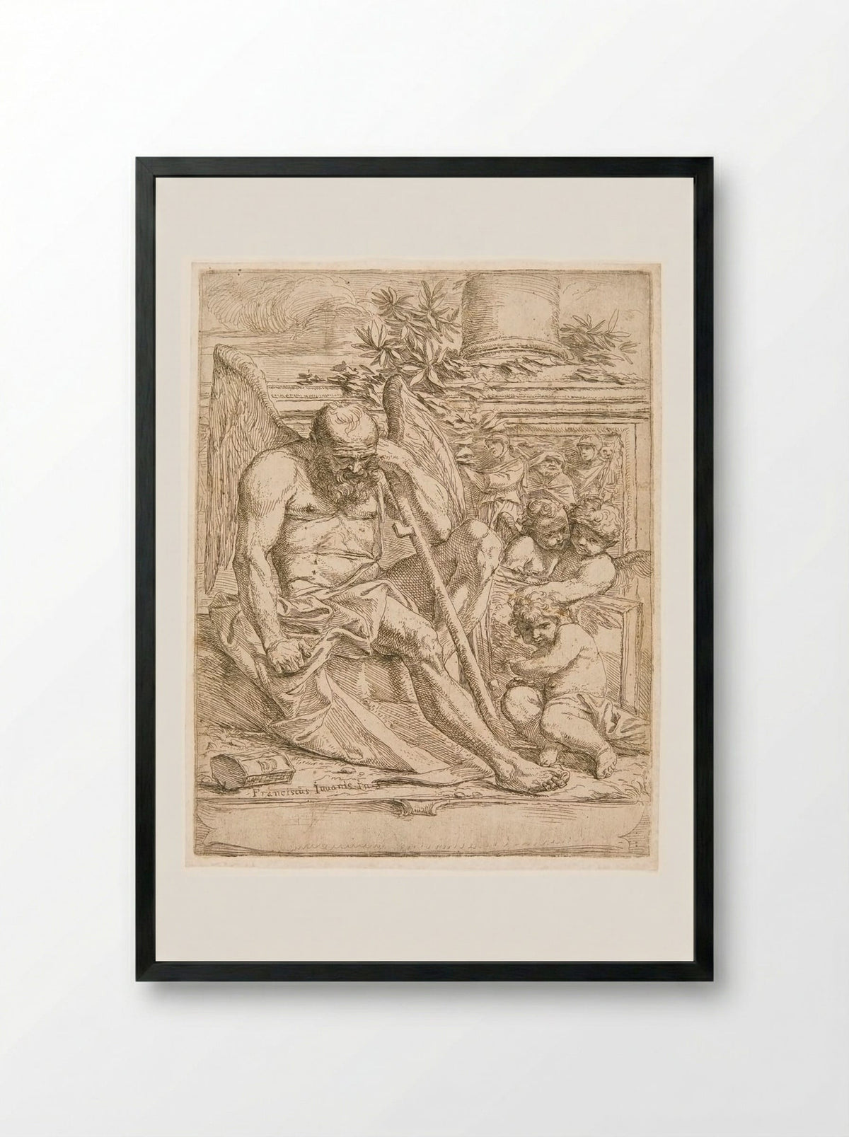 Saturn, Seated with three Putti Holding a Painting - Giovanni Francesco Grimaldi - Framed Print Black