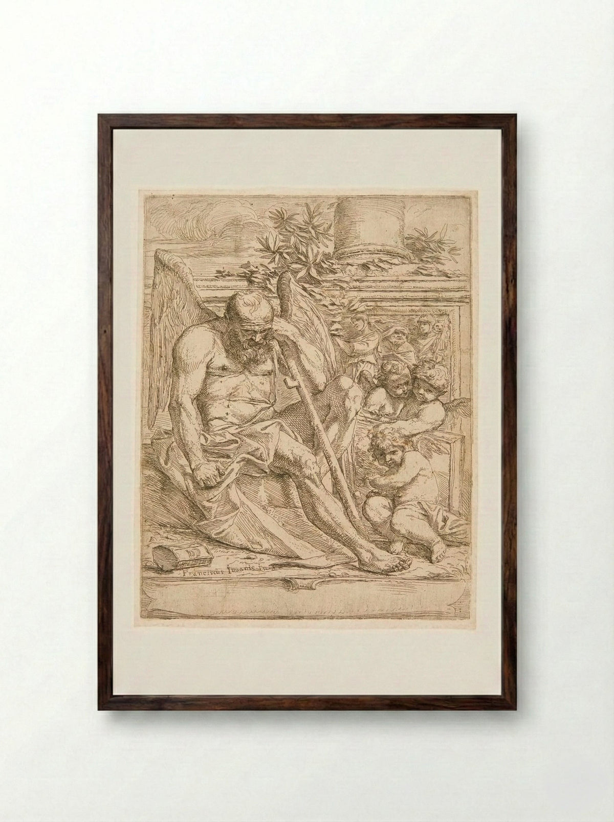 Saturn, Seated with three Putti Holding a Painting - Giovanni Francesco Grimaldi - Framed Print Dark Wood