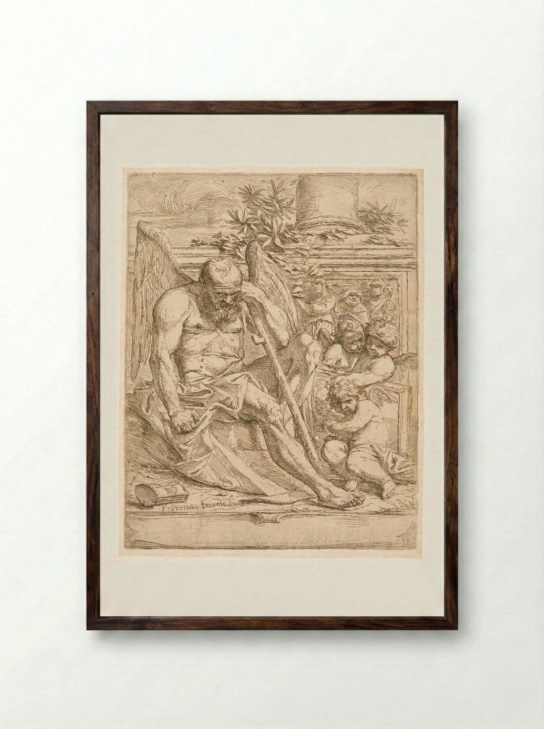 Saturn, Seated with three Putti Holding a Painting - Giovanni Francesco Grimaldi - Framed Print Dark Wood