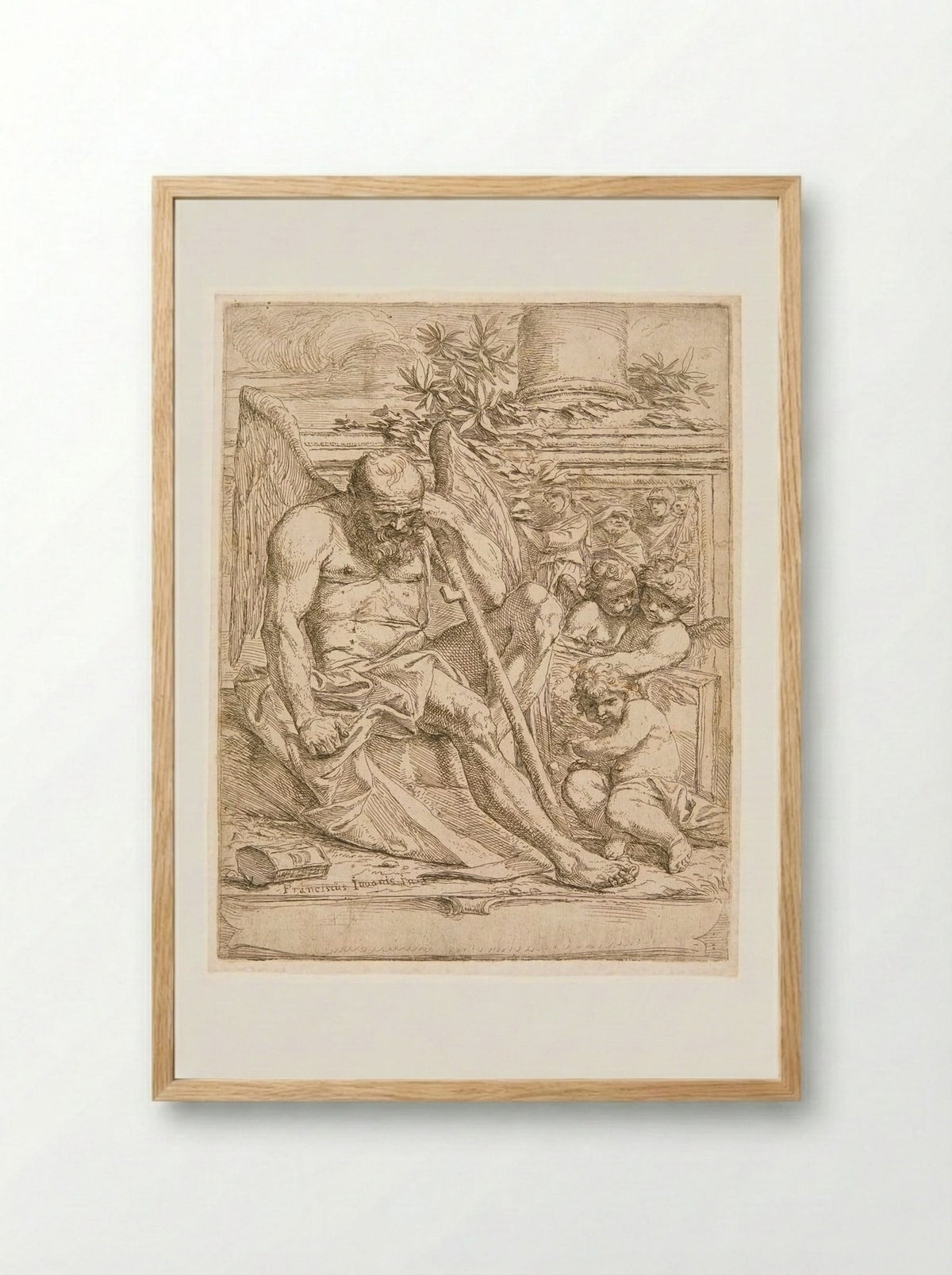 Saturn, Seated with three Putti Holding a Painting - Giovanni Francesco Grimaldi - Framed Print Wood