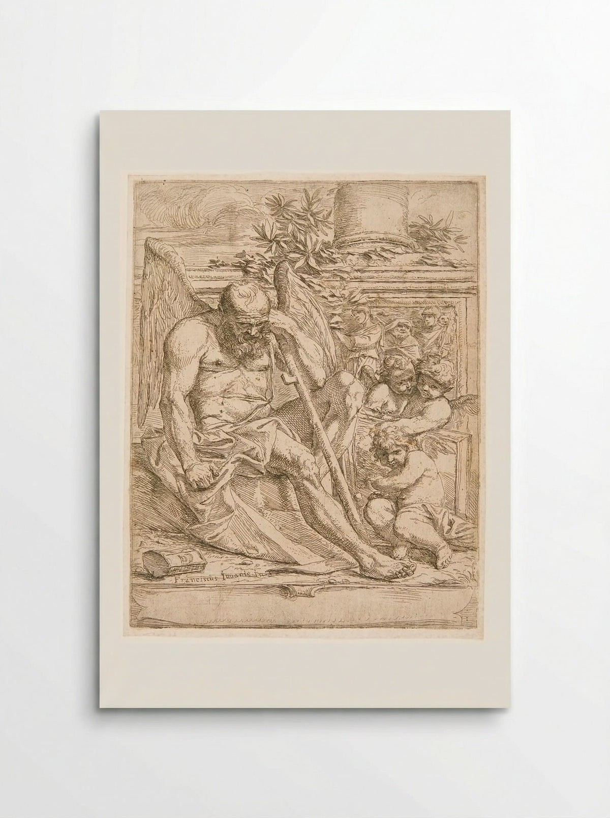 Saturn, Seated with three Putti Holding a Painting - Giovanni Francesco Grimaldi - Poster