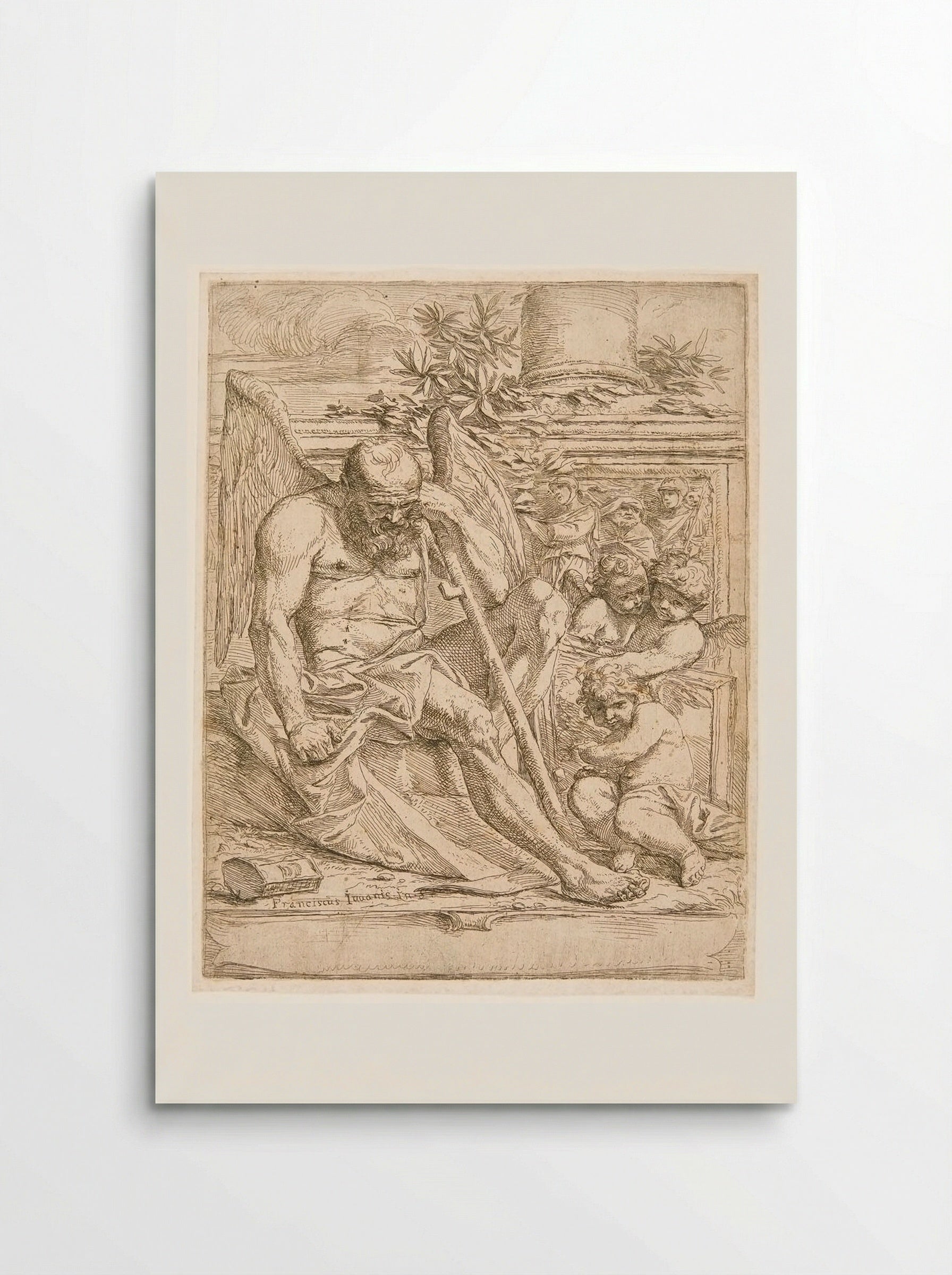 Saturn, Seated with three Putti Holding a Painting - Giovanni Francesco Grimaldi - Poster