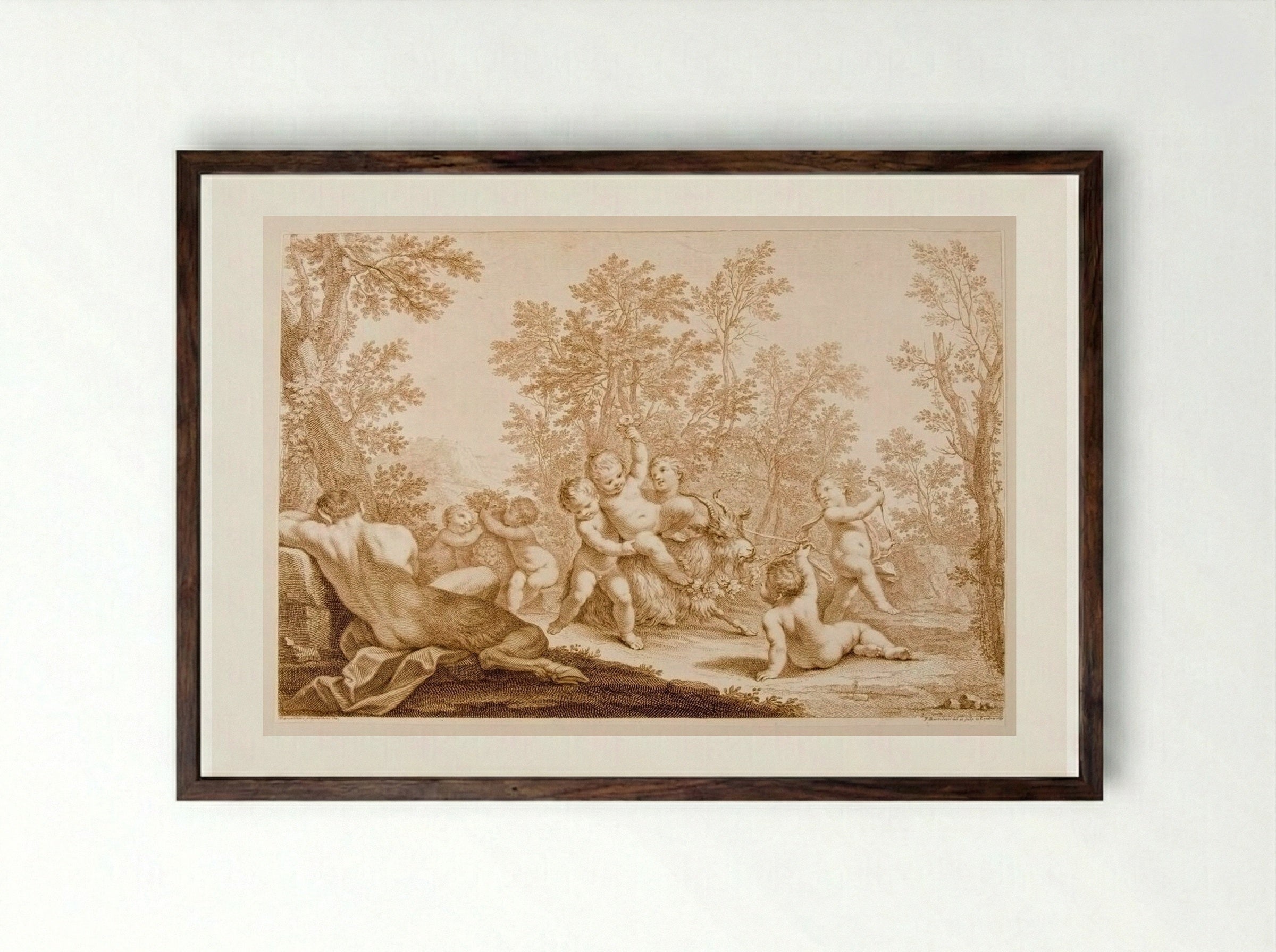 Satyr, Children, and Goat - Francesco Bartolozzi - Framed Print Dark Wood