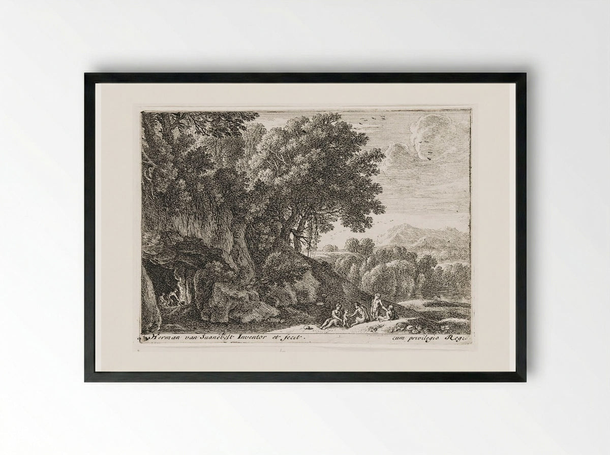 Satyrs Around a Fire in a Cave - Herman van Swanevelt - Framed Print Black