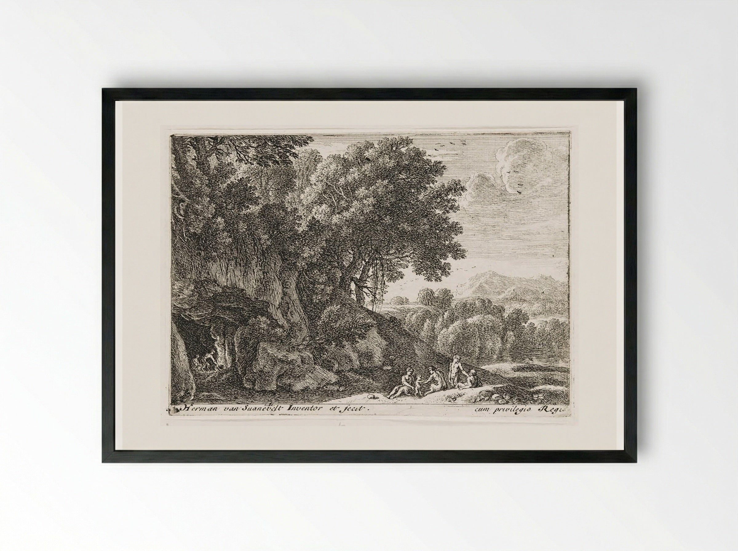 Satyrs Around a Fire in a Cave - Herman van Swanevelt - Framed Print Black