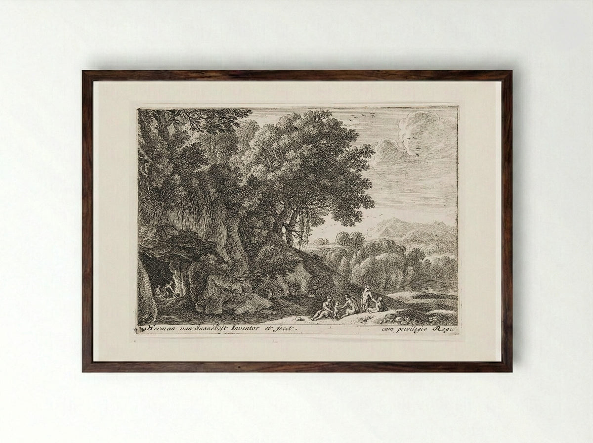 Satyrs Around a Fire in a Cave - Herman van Swanevelt - Framed Print Dark Wood