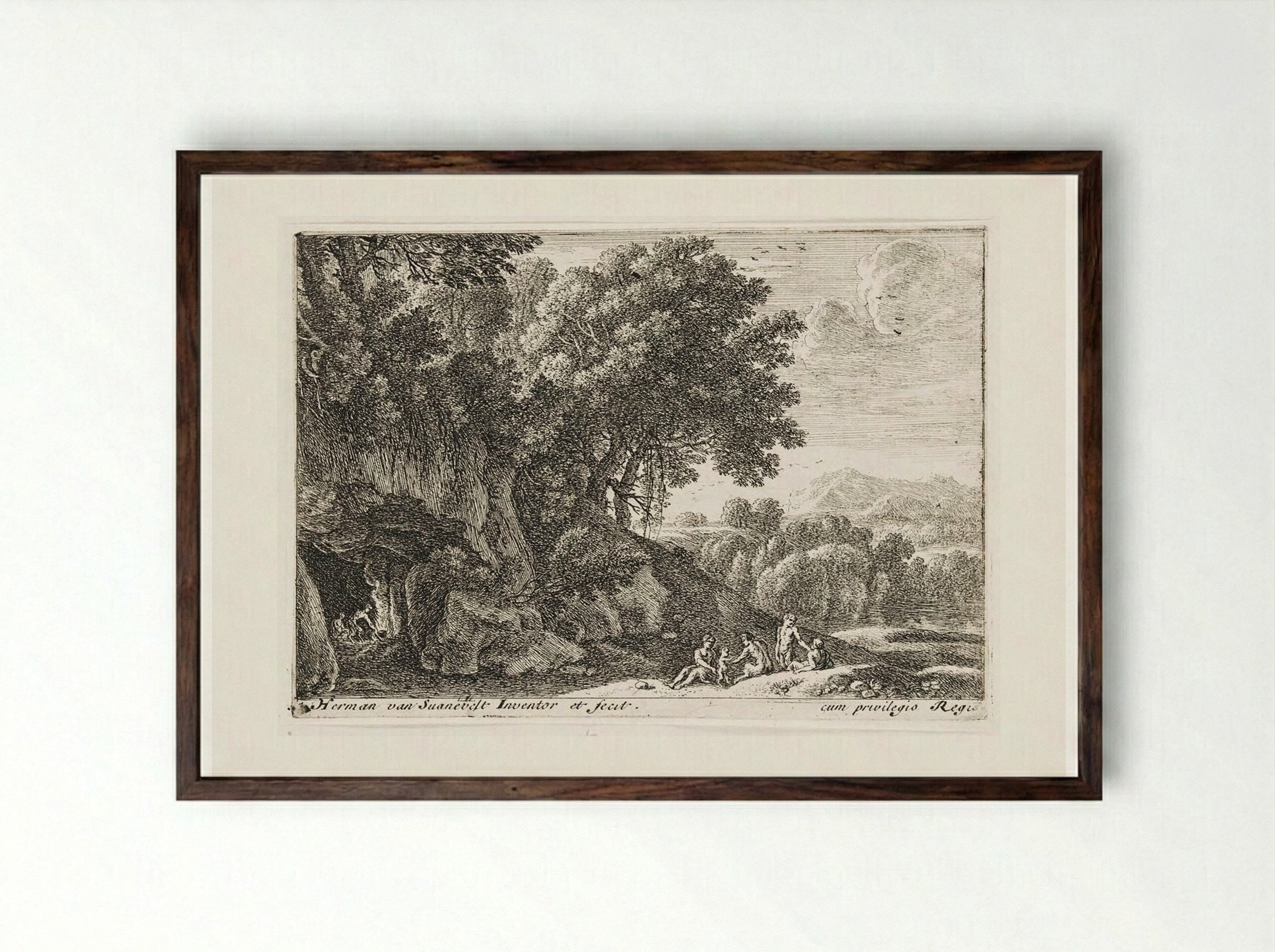 Satyrs Around a Fire in a Cave - Herman van Swanevelt - Framed Print Dark Wood
