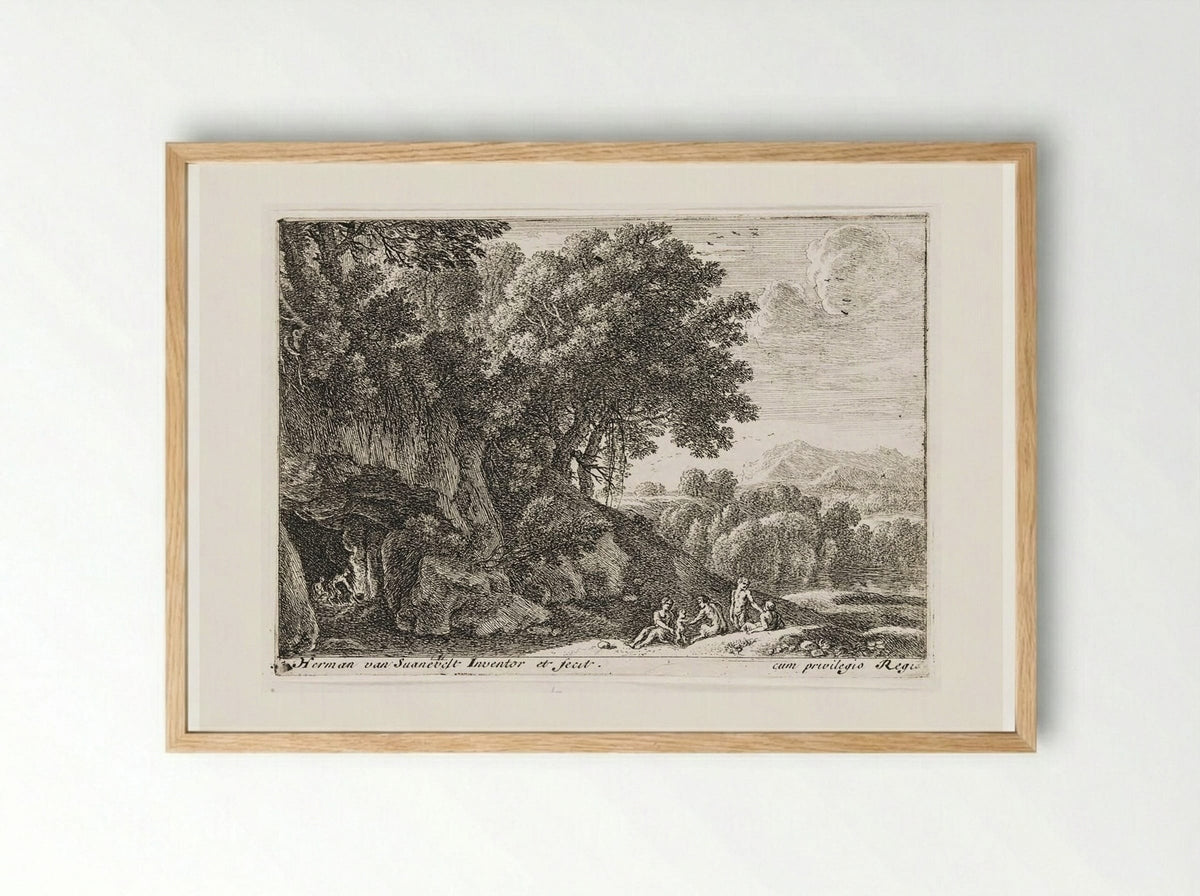 Satyrs Around a Fire in a Cave - Herman van Swanevelt - Framed Print Wood