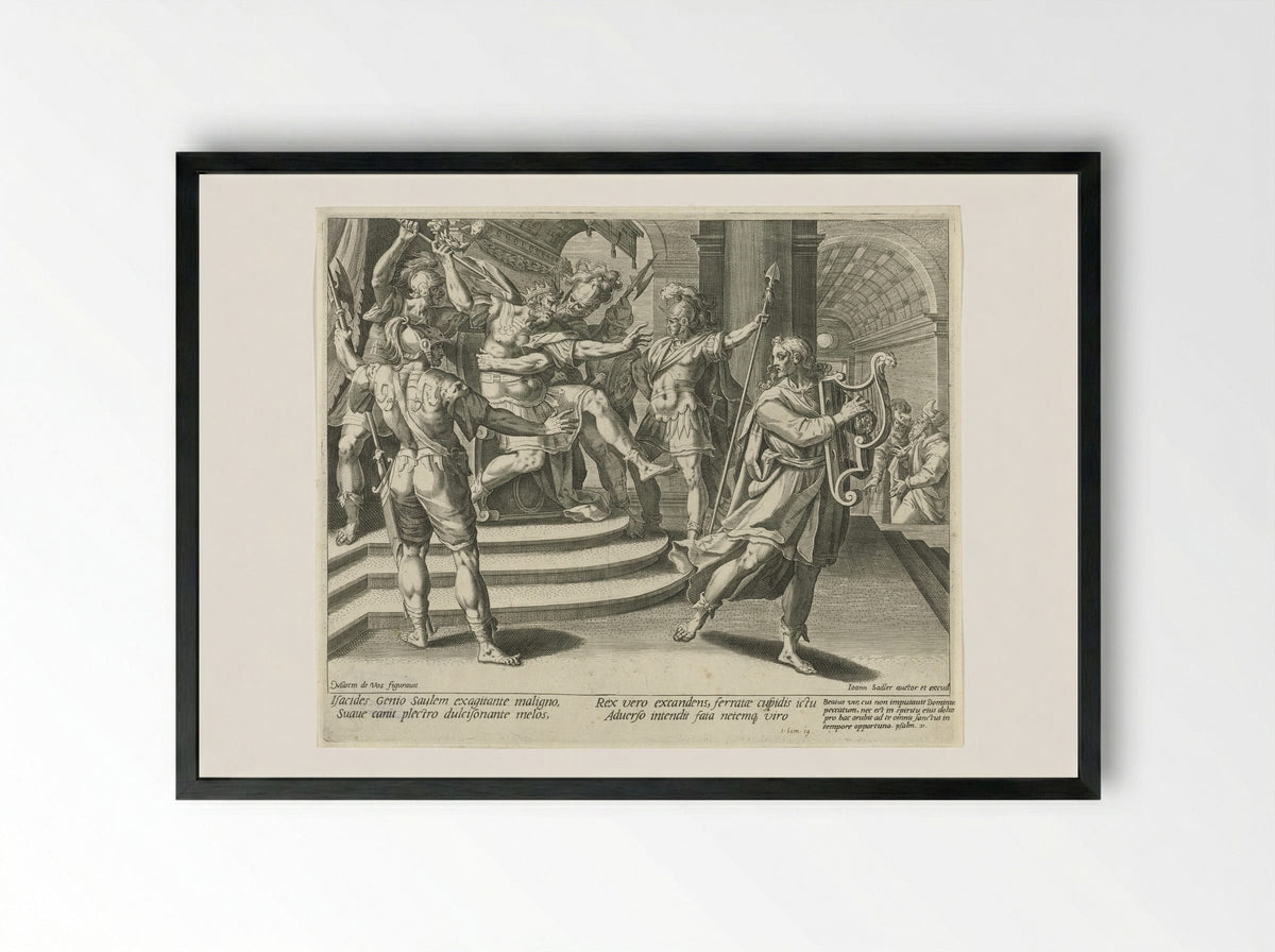 Saul Attempts to Spear David - Aegidius Sadeler (II) - Framed Print Black