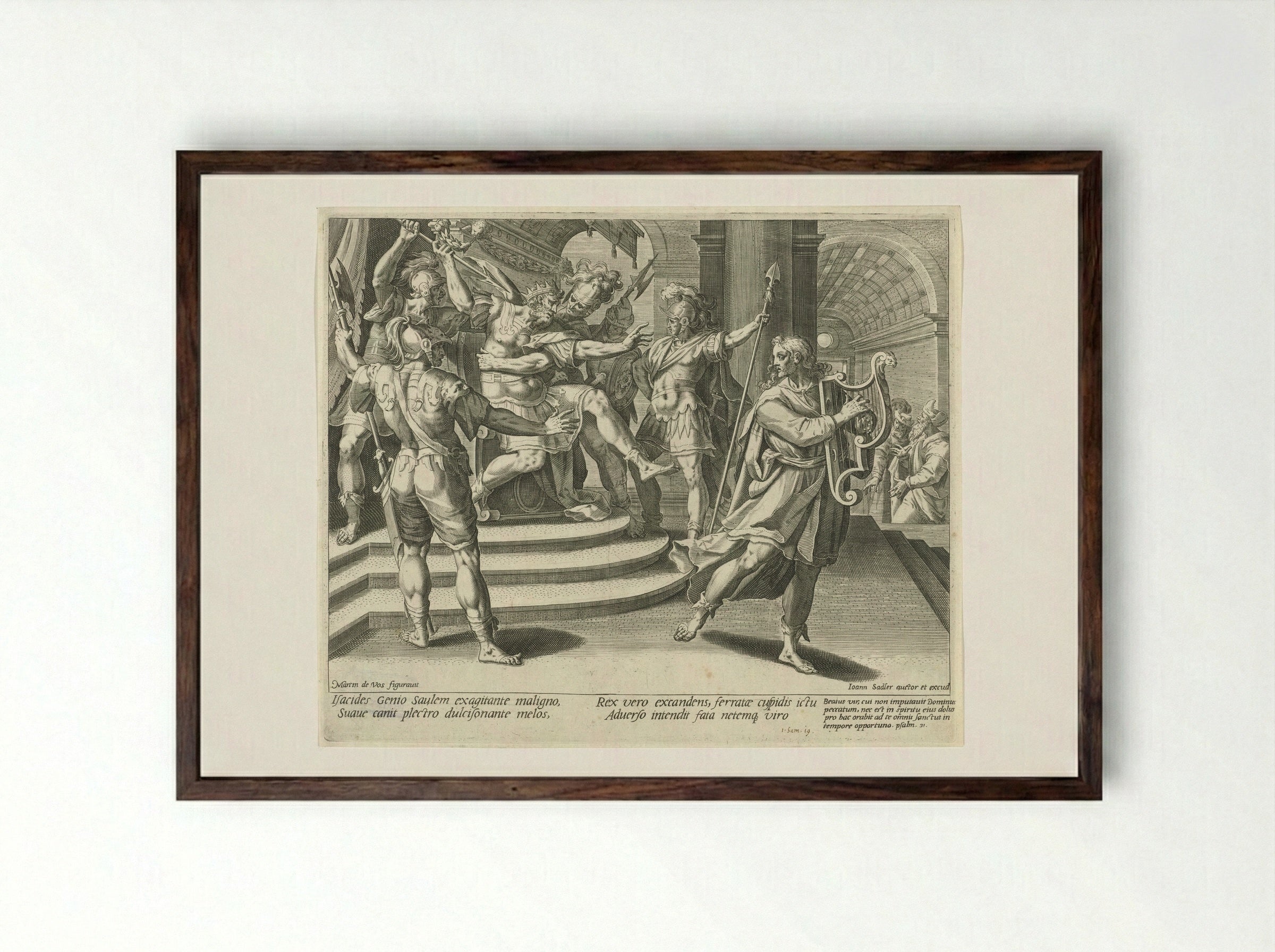 Saul Attempts to Spear David - Aegidius Sadeler (II) - Framed Print Dark Wood